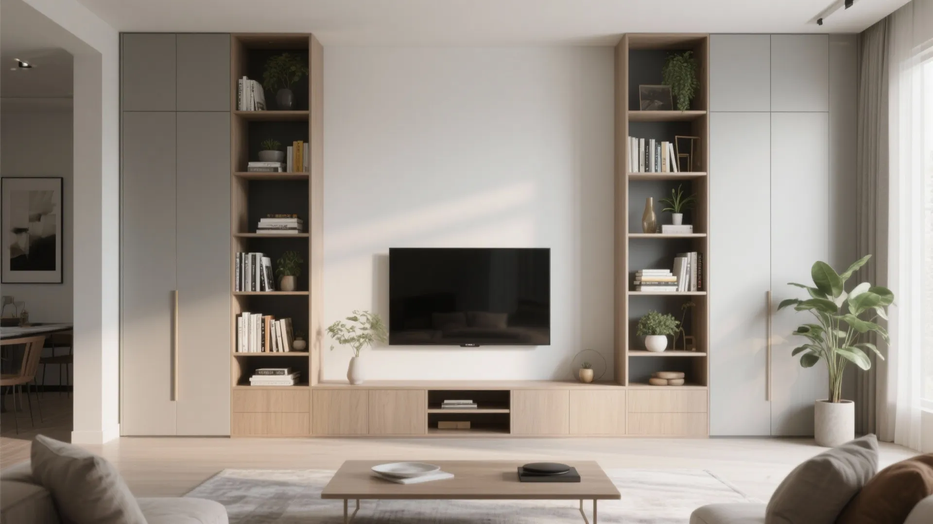 Modern living room featuring light wood built-in bookshelves surrounding a television on a white wall