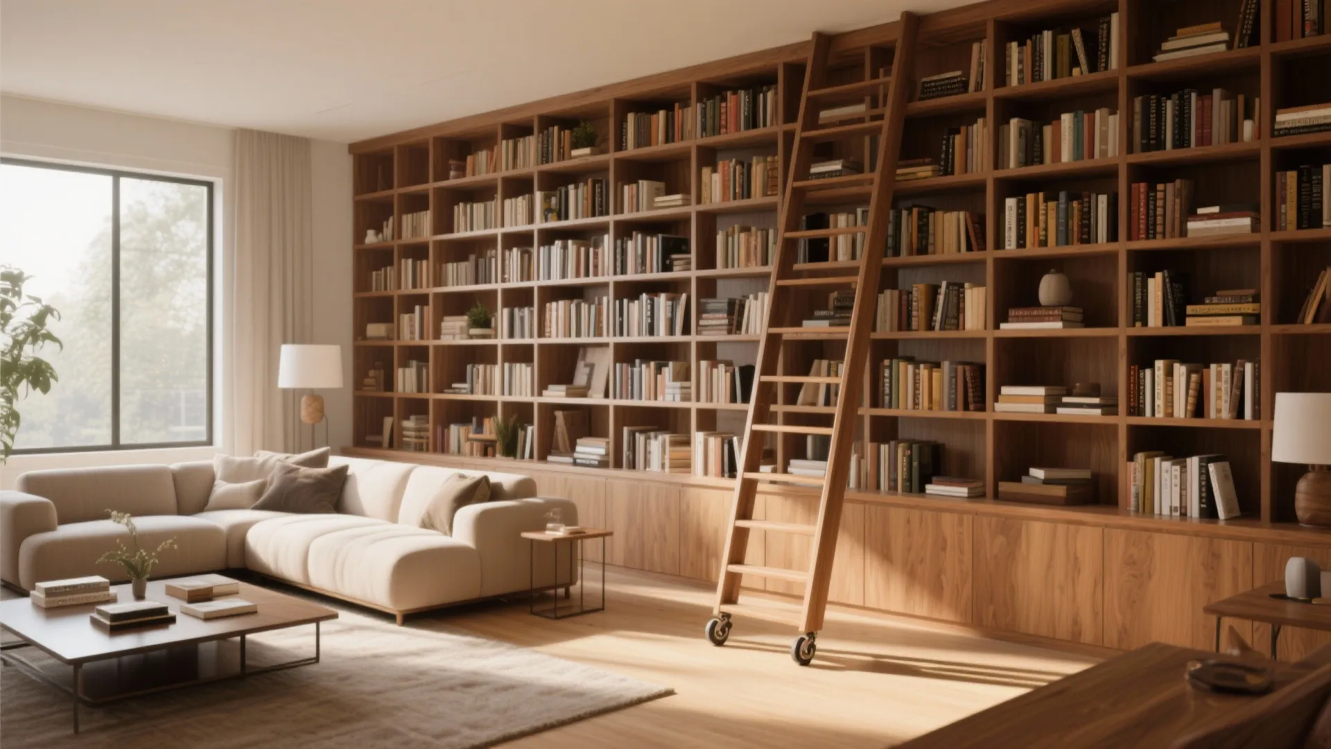 Modern living room featuring a large wooden wall bookshelf with a sliding ladder and white sofa