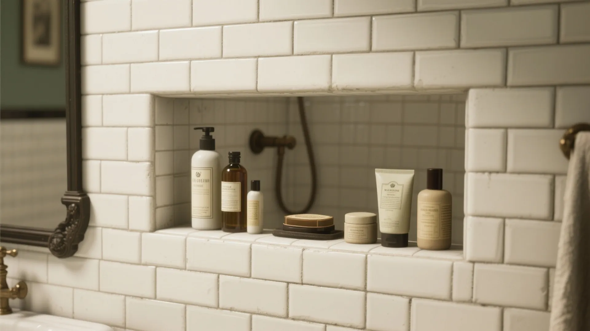 Built in shower wall shelf with white tiles holding various bottles of soap and shampoo