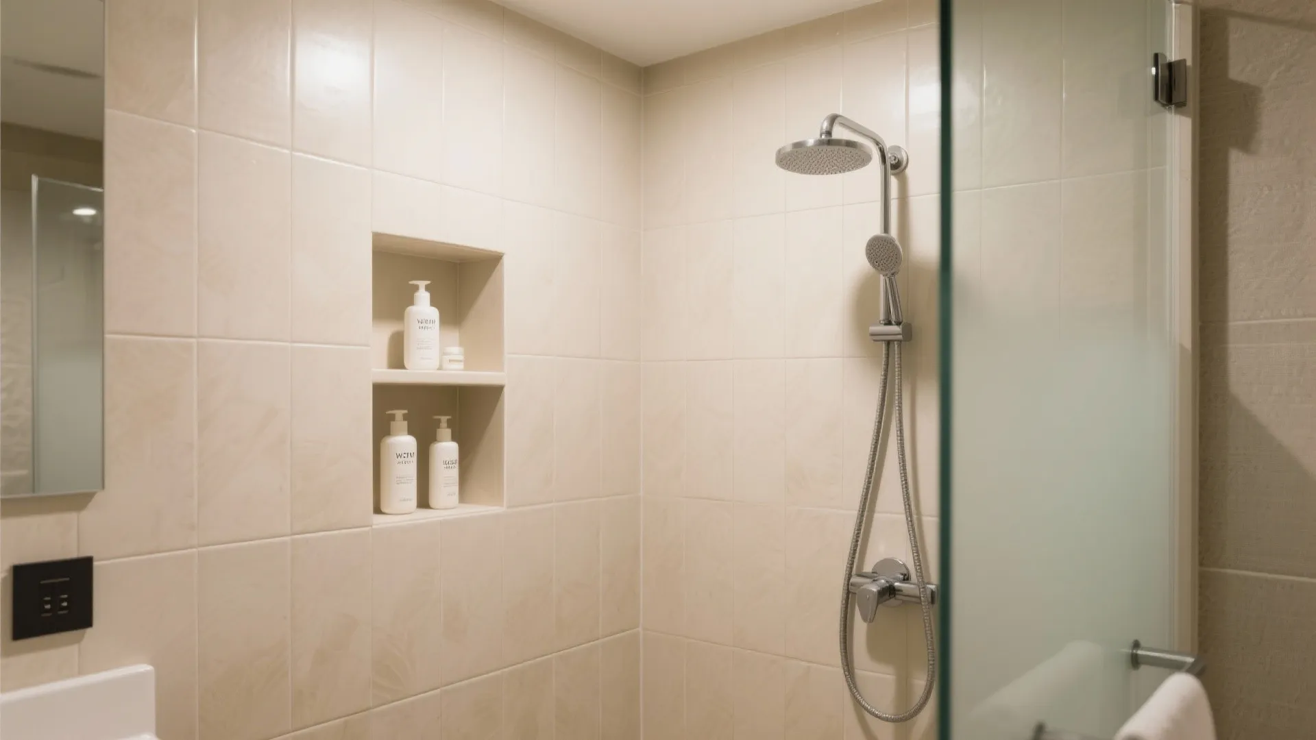 Tiled shower area with metal shower head built in wall shelves holding white soap bottles