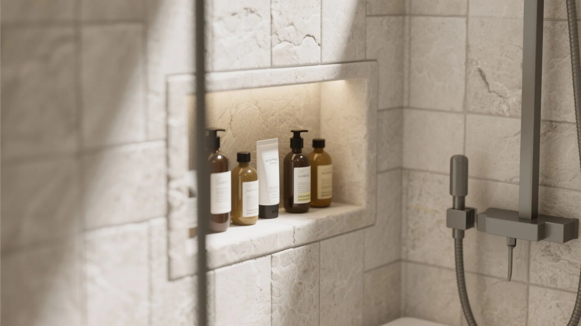 Built-in tiled shower niche with bath products neatly arranged