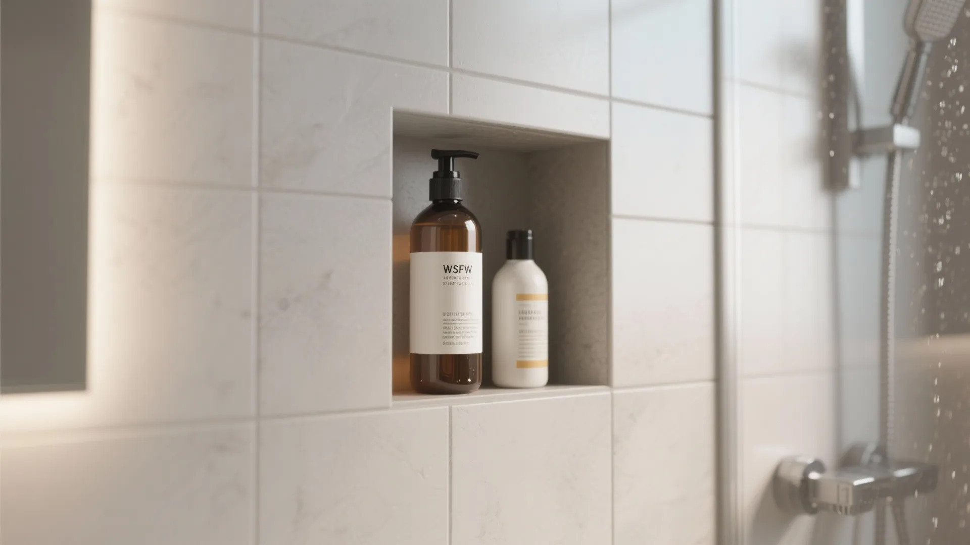 Built-in shower niche for toiletries in a modern wet room