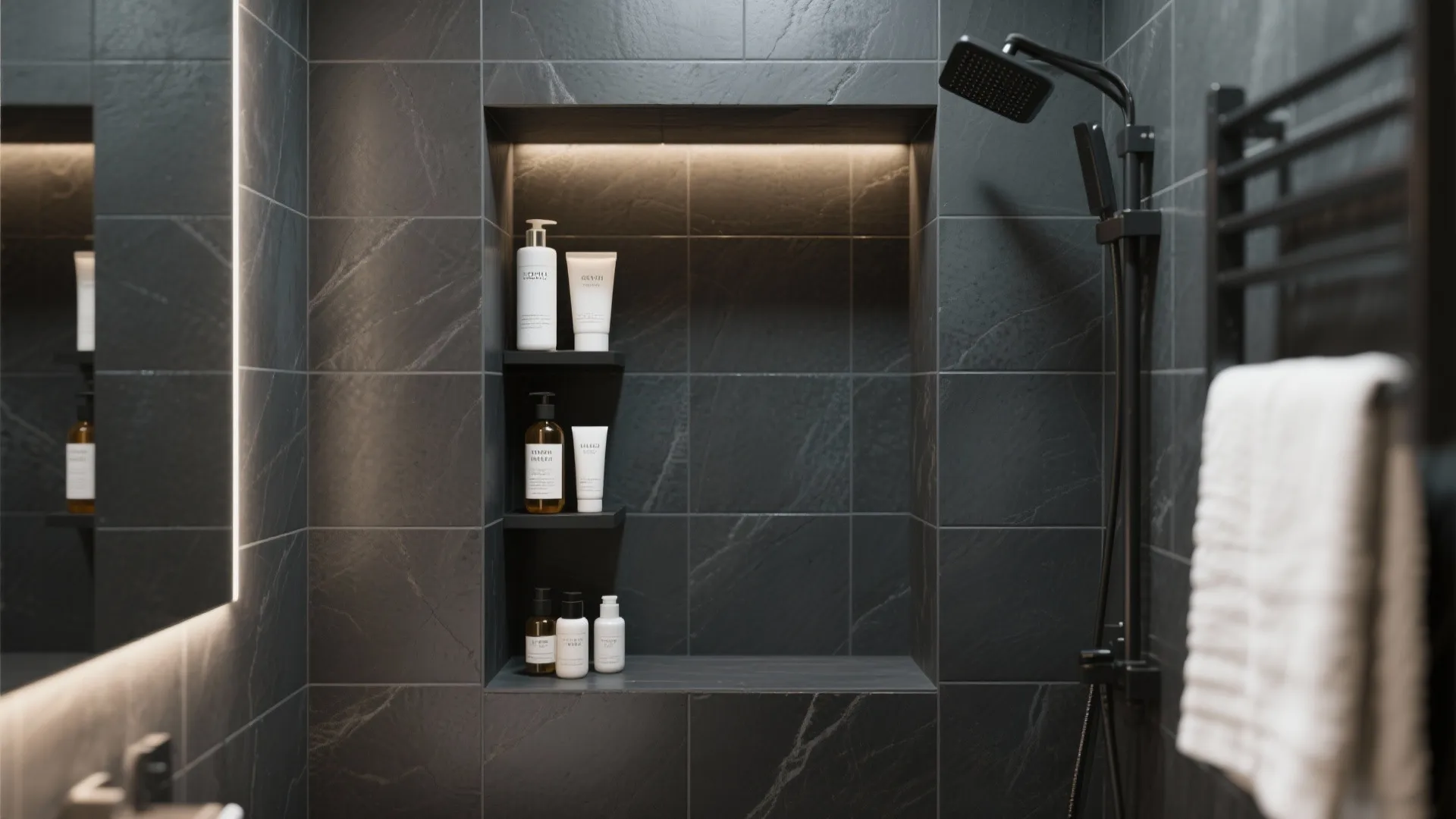Black tiled shower area with built in wall shelf holding white bottles and black shower
