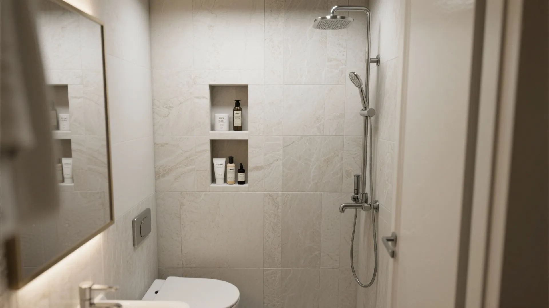 Modern tiled shower area with built in wall shelf holding soap bottles and silver shower
