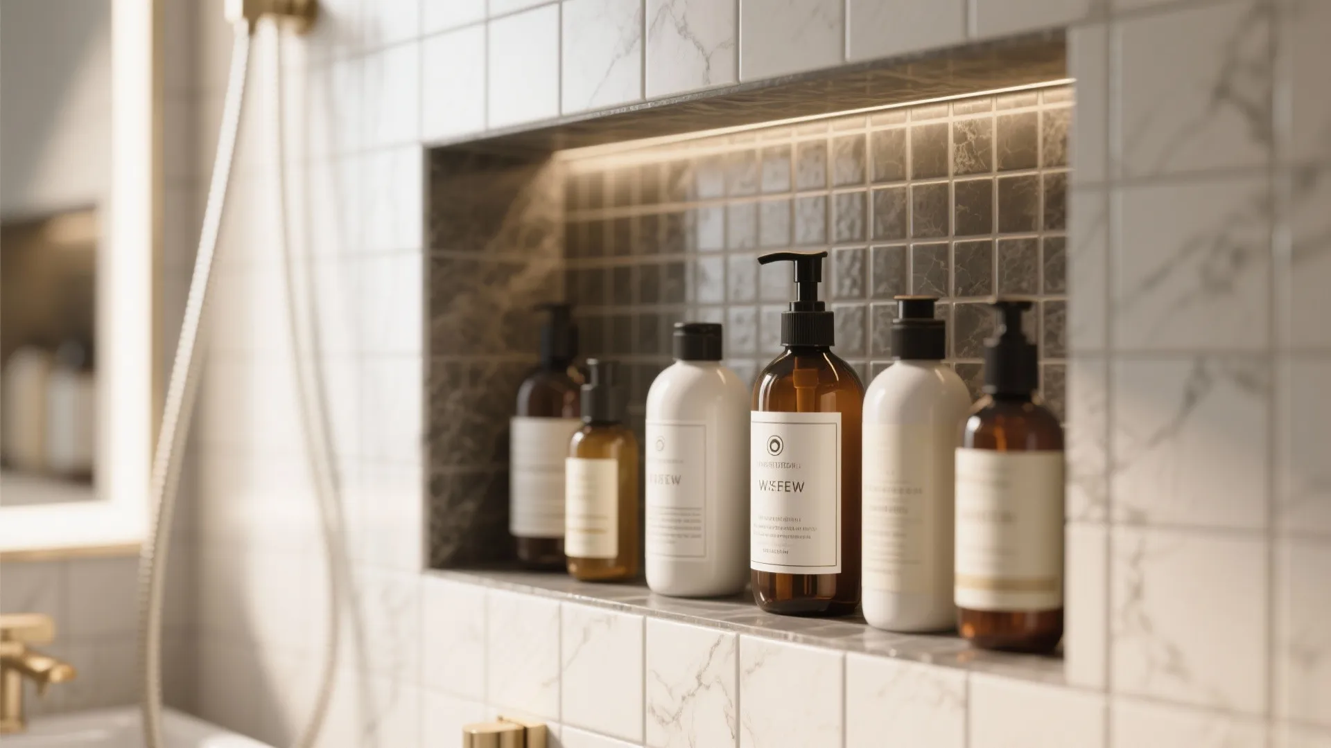 Built in shower wall shelf with warm light fixture holding brown and white shampoo bottles