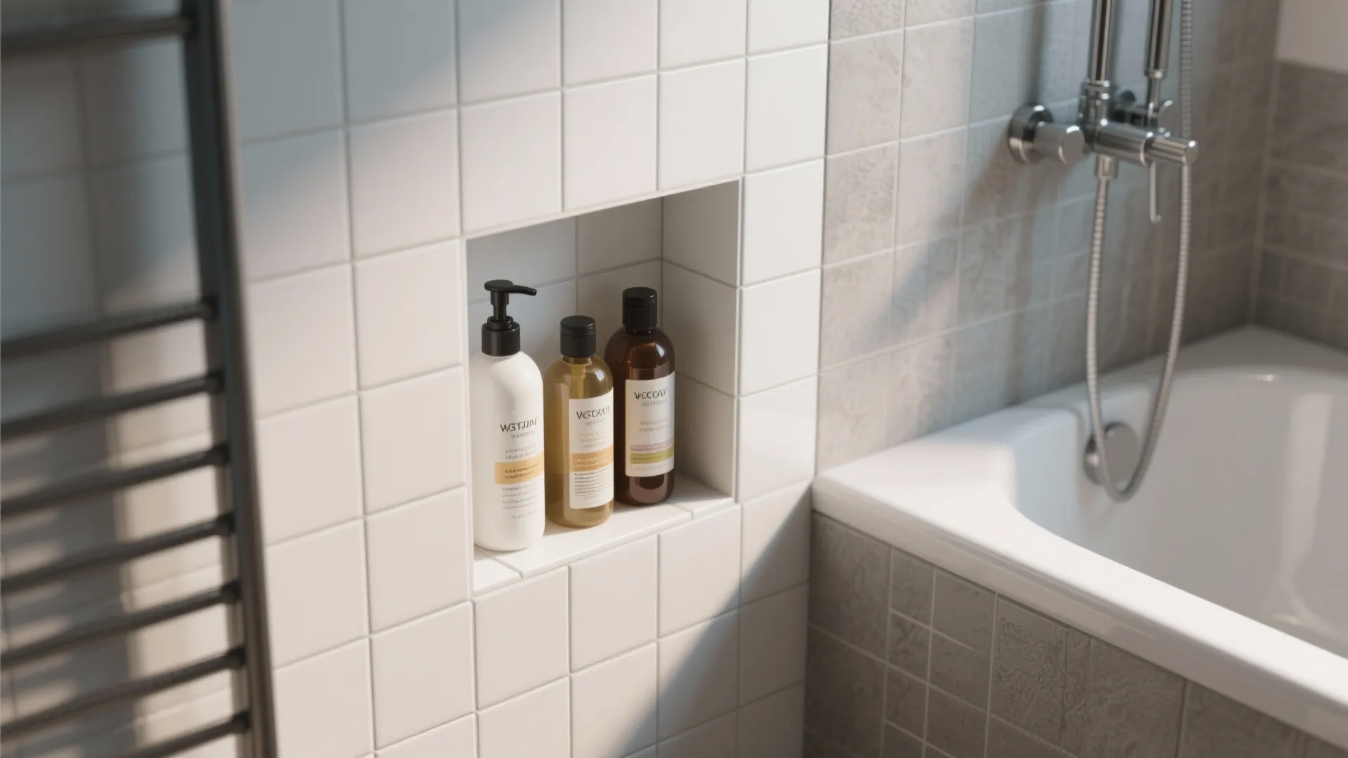 White wall shelf inside shower area holding three bottles next to a white bathtub faucet