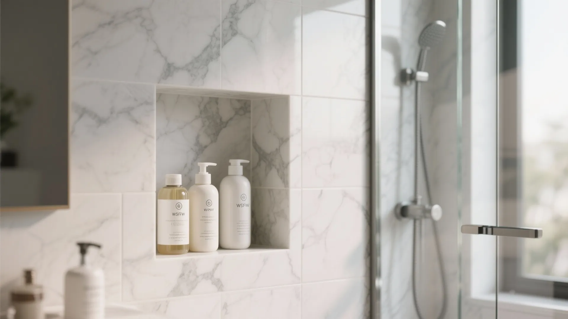 Marble bathroom wall storage with white bottles placed inside a square built in wall shelf