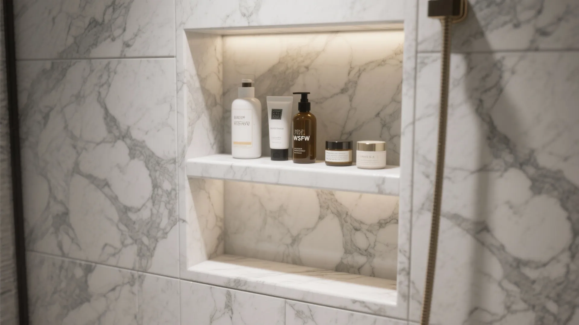 Marble shower wall with built in storage shelves holding various soap bottles and skin care products