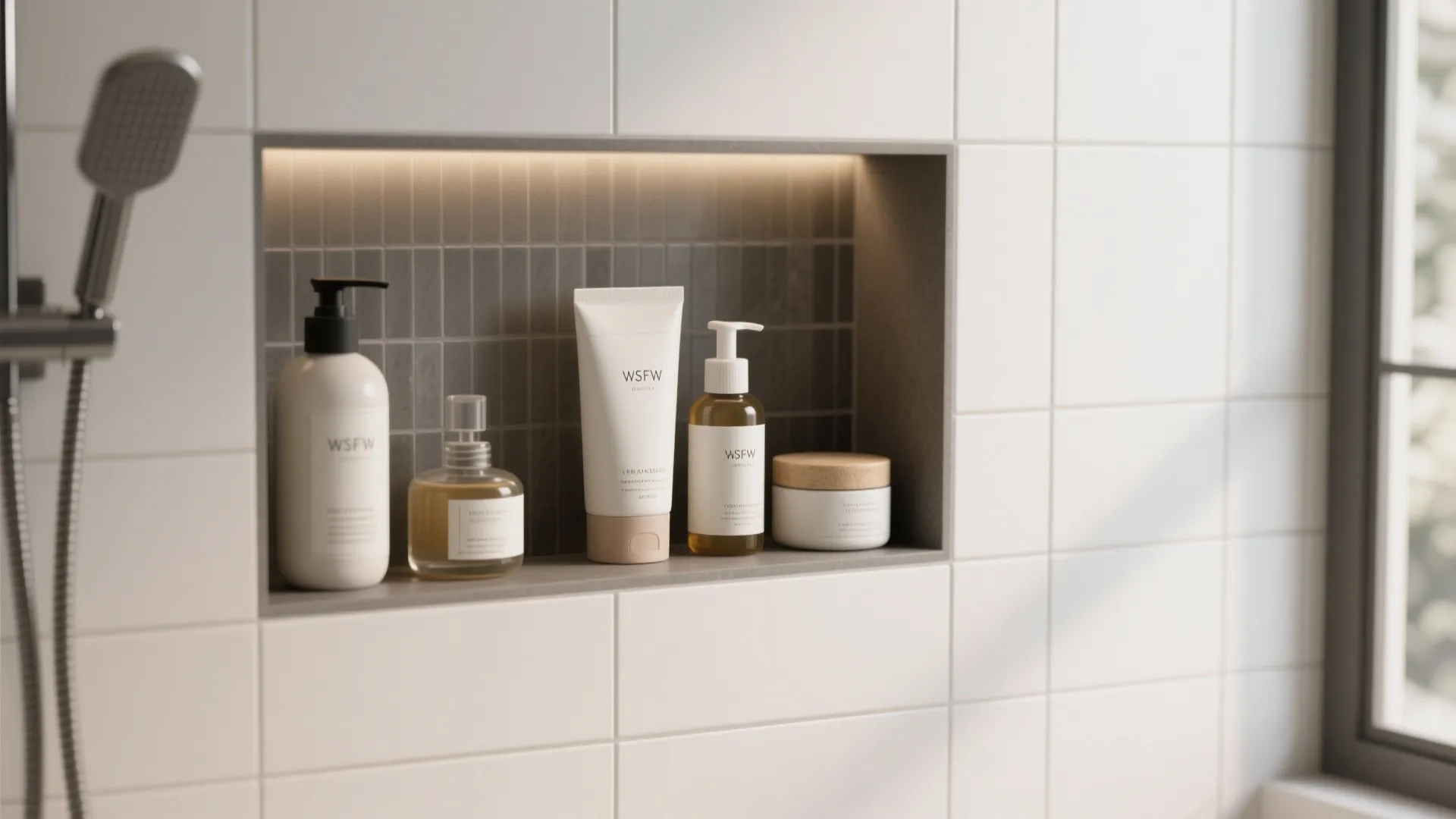 Modern bathroom shower niche with white tiles containing various bottles of soap and skin cream