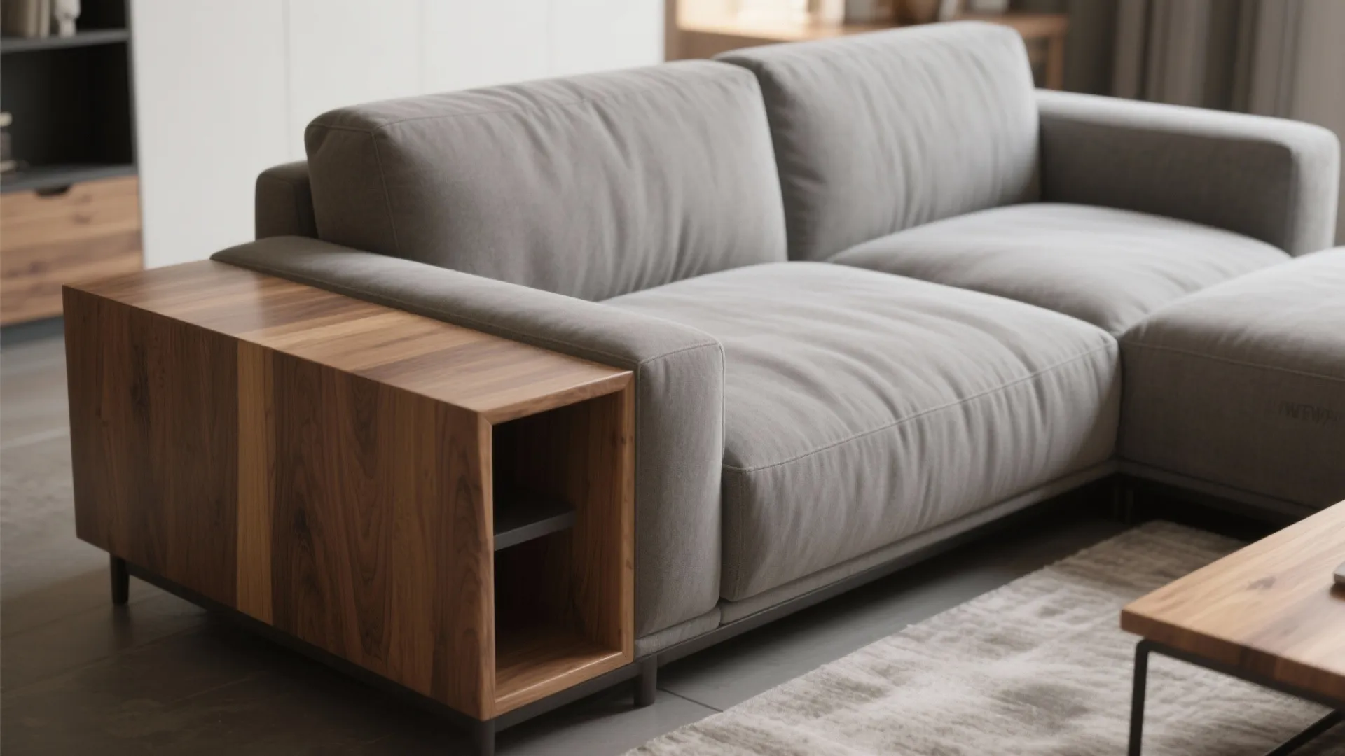Modern grey sofa featuring a built-in wooden side table with storage shelves in living room