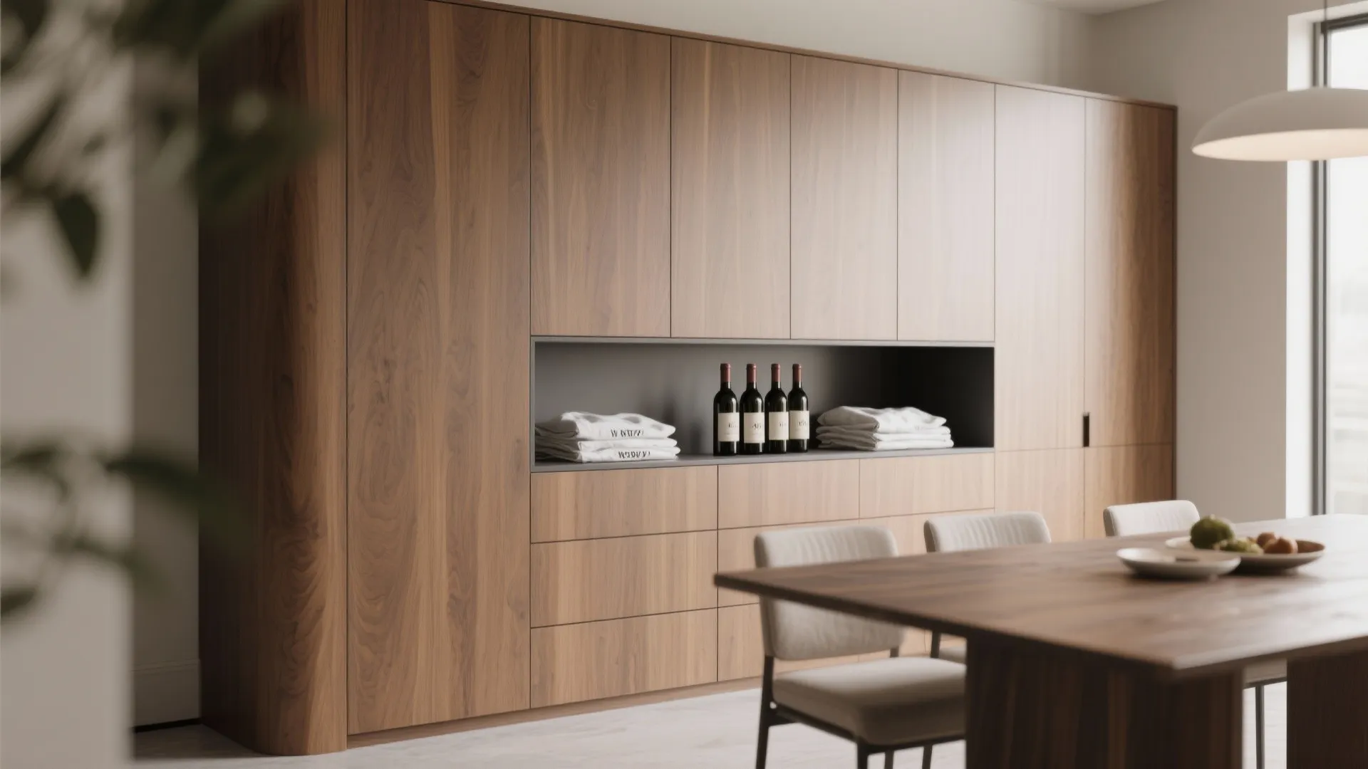 Built-in wooden sideboard with concealed storage in a dining room