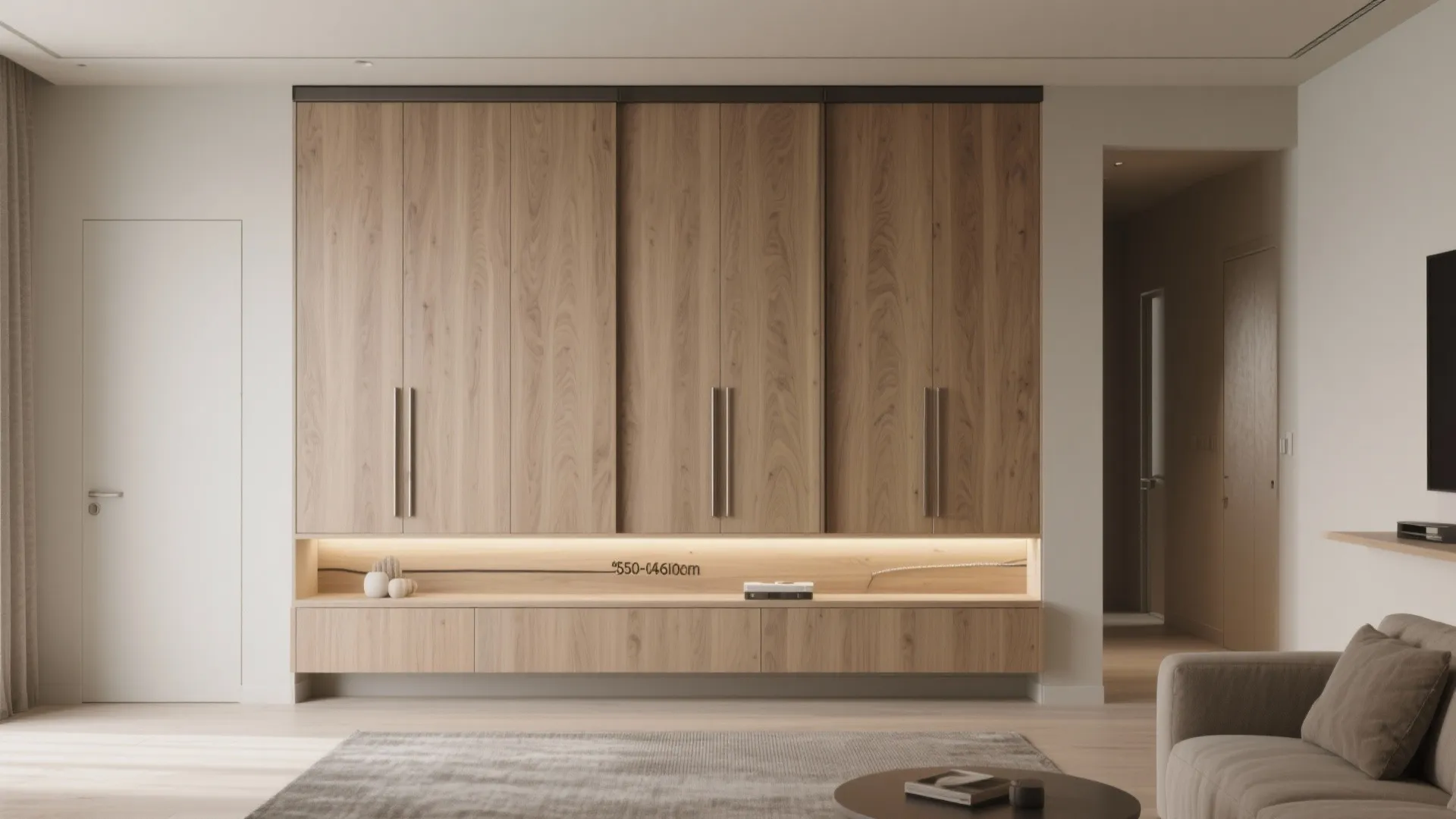 Large wood wall cabinet with sliding doors and light strip in a minimalist living room