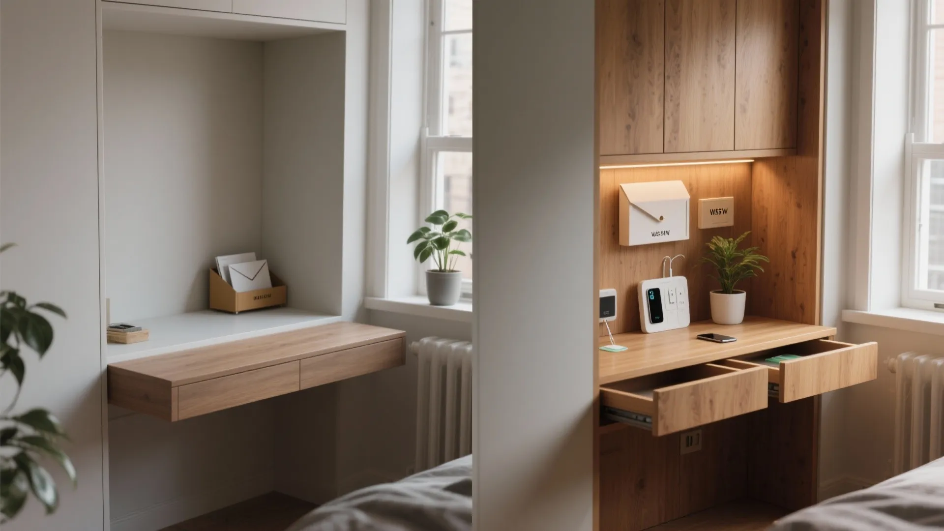 Built-in wooden desk with open drawers, white wall storage, green plants, and bright window light