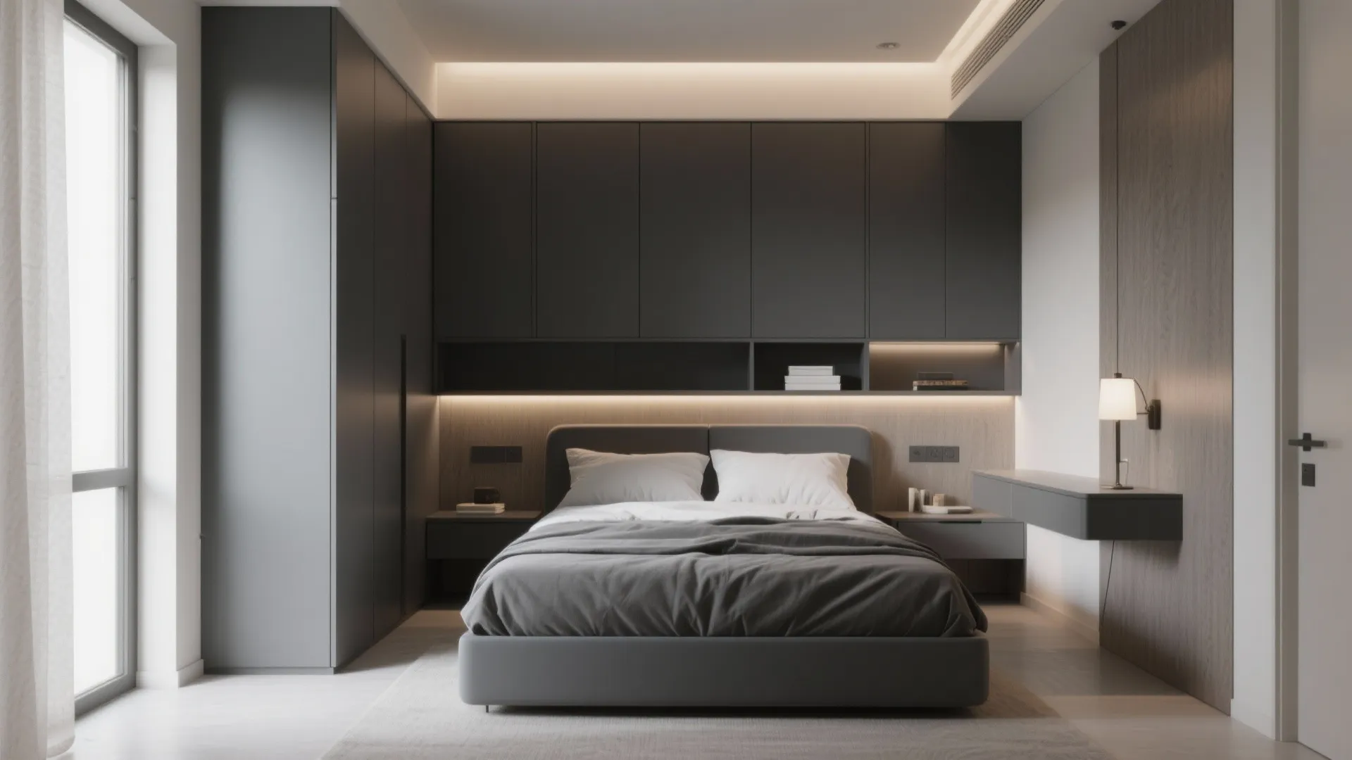 Compact bedroom with dark grey built-in storage and slim-profile furniture for clear walkways.