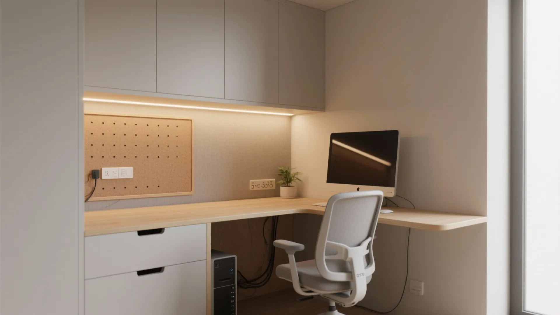 Modern home office with grey cabinets wooden corner desk white chair and warm under-cabinet lighting