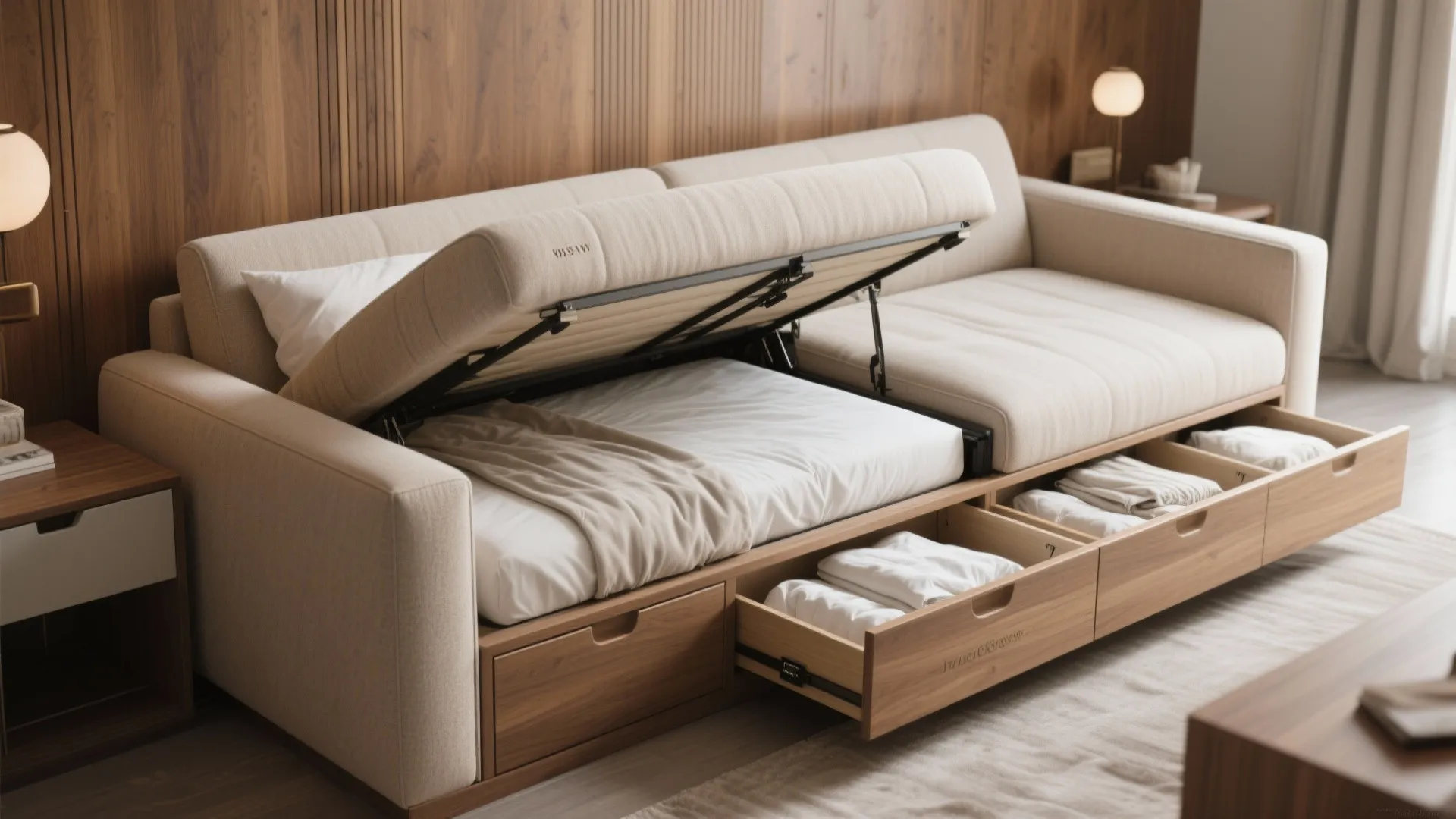 Close-up of a built-in convertible sofa-bed with storage drawers in a container home