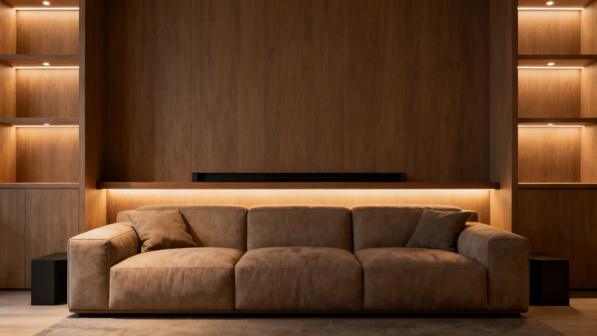 Living room with built-in shelving and recessed lighting integrated around an oversized sofa, creating a tailored focal point.