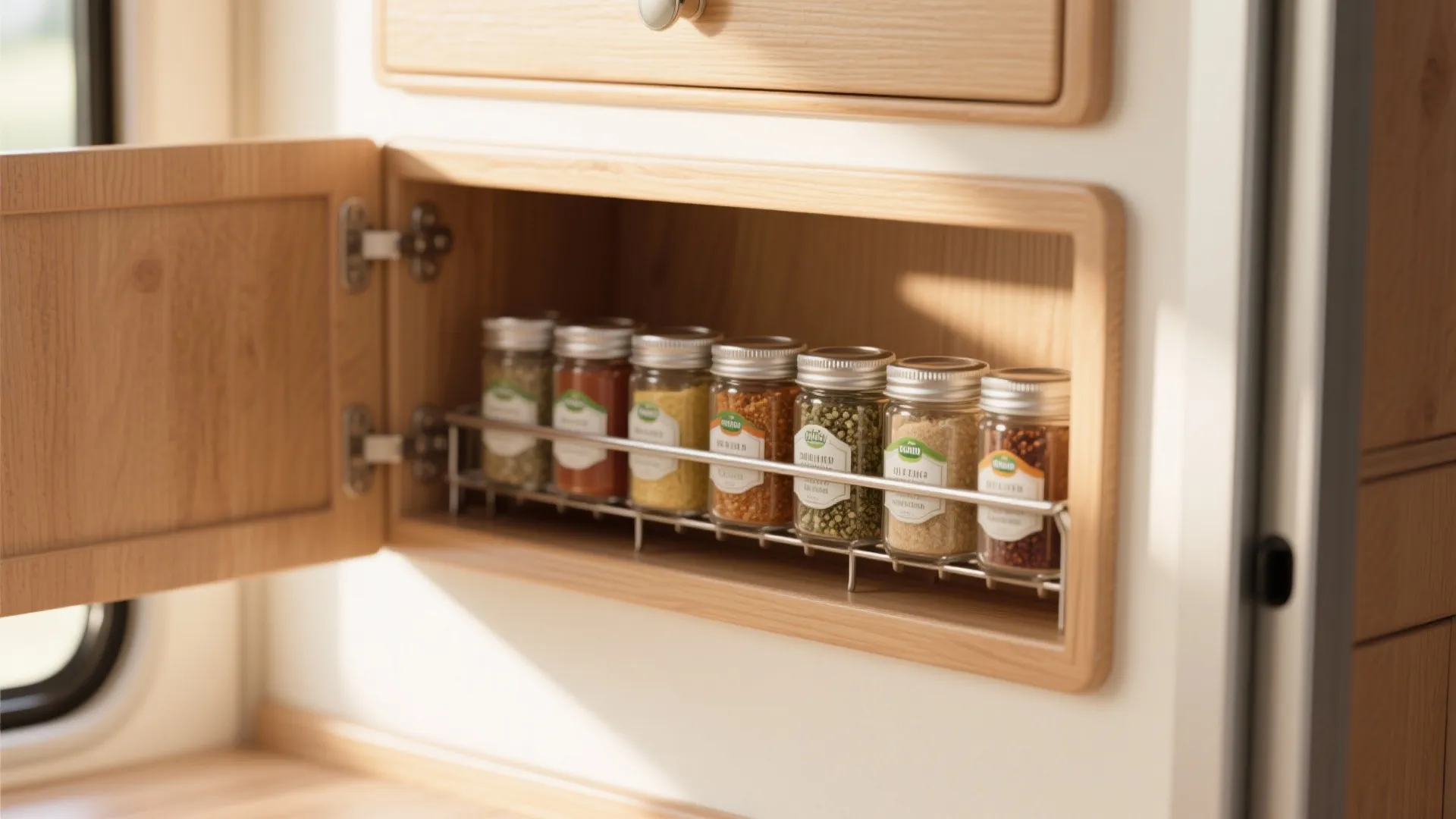 Built-in spice rack on inside of camper cabinet door