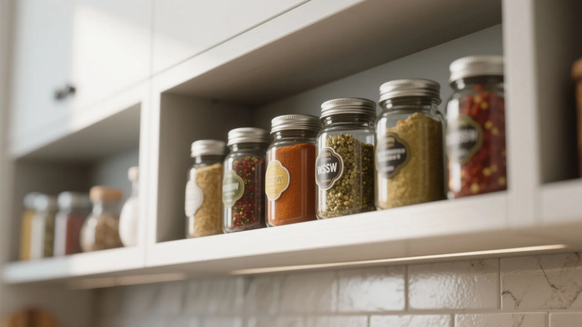 Row of small glass spice jars with silver lids organized on a white kitchen shelf