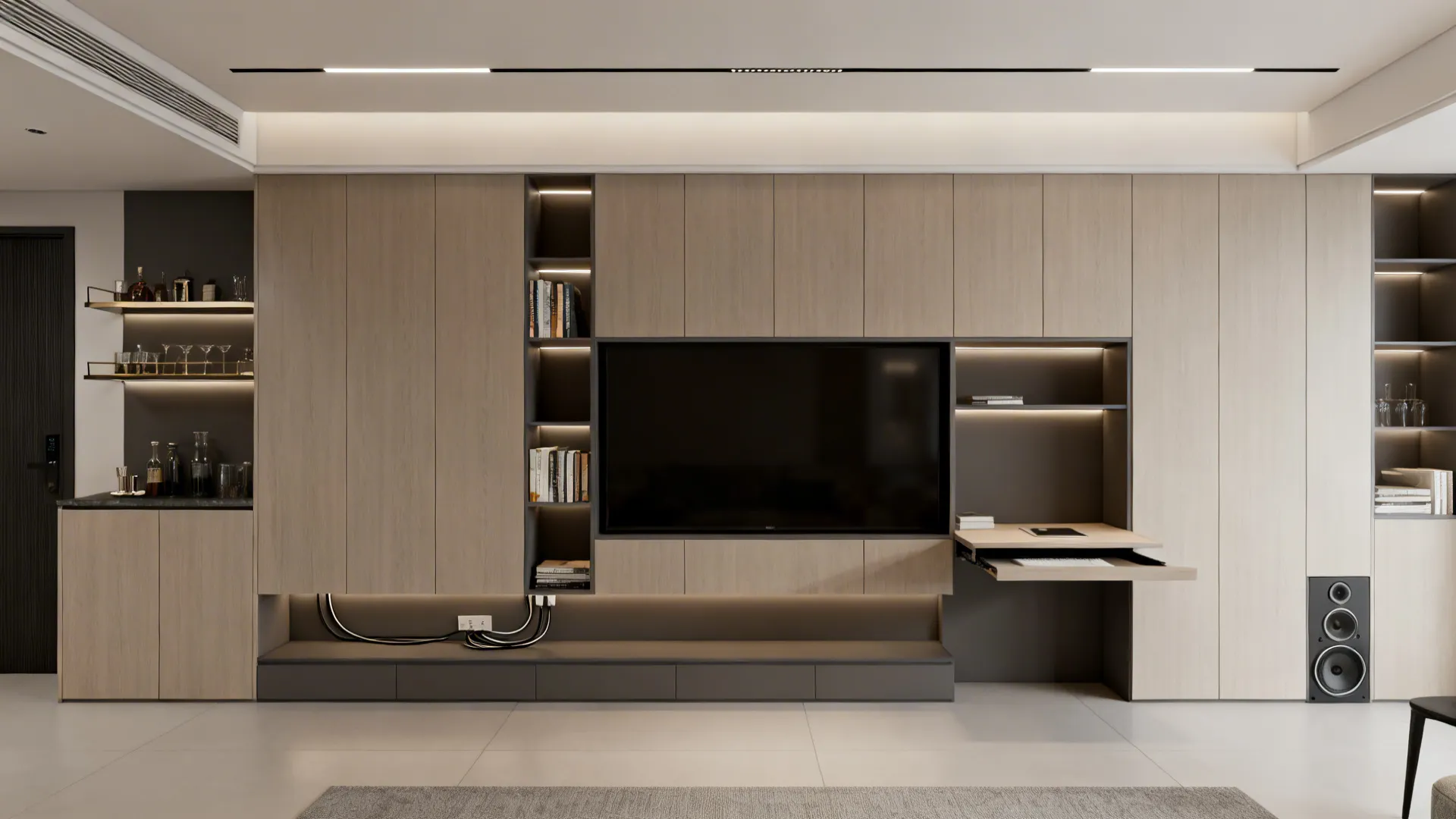Shallow built-in wall with storage, shelves, and a fold-down desk lit by integrated LEDs.