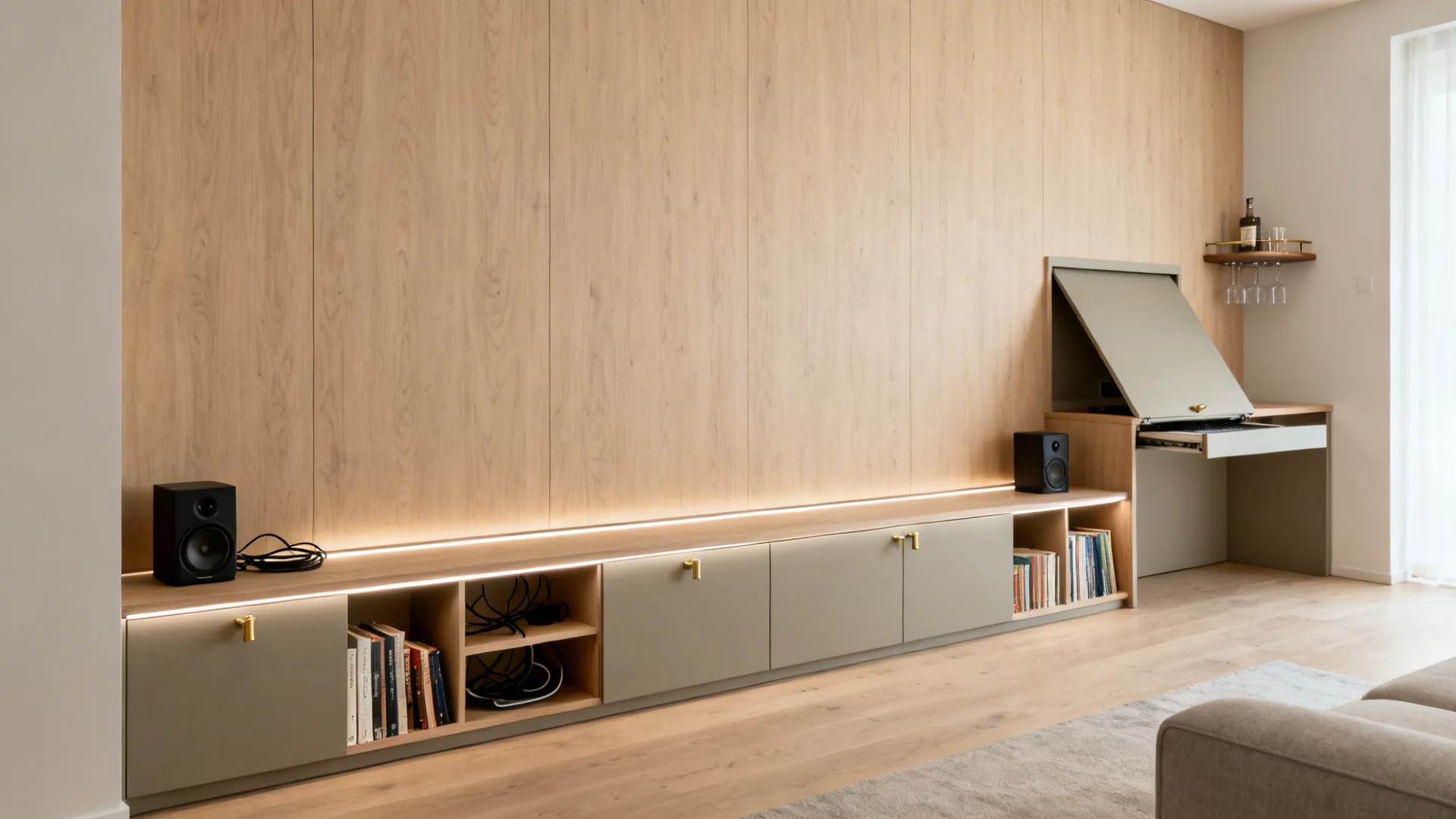 Shallow multifunctional built-in wall with shelves, LED strips, and fold-down desk in a small living room.