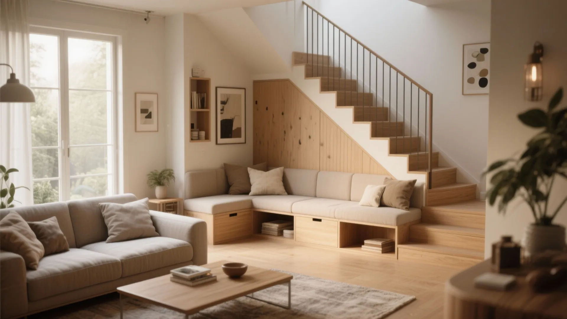 9. Built-In Seating Along Stair Wall