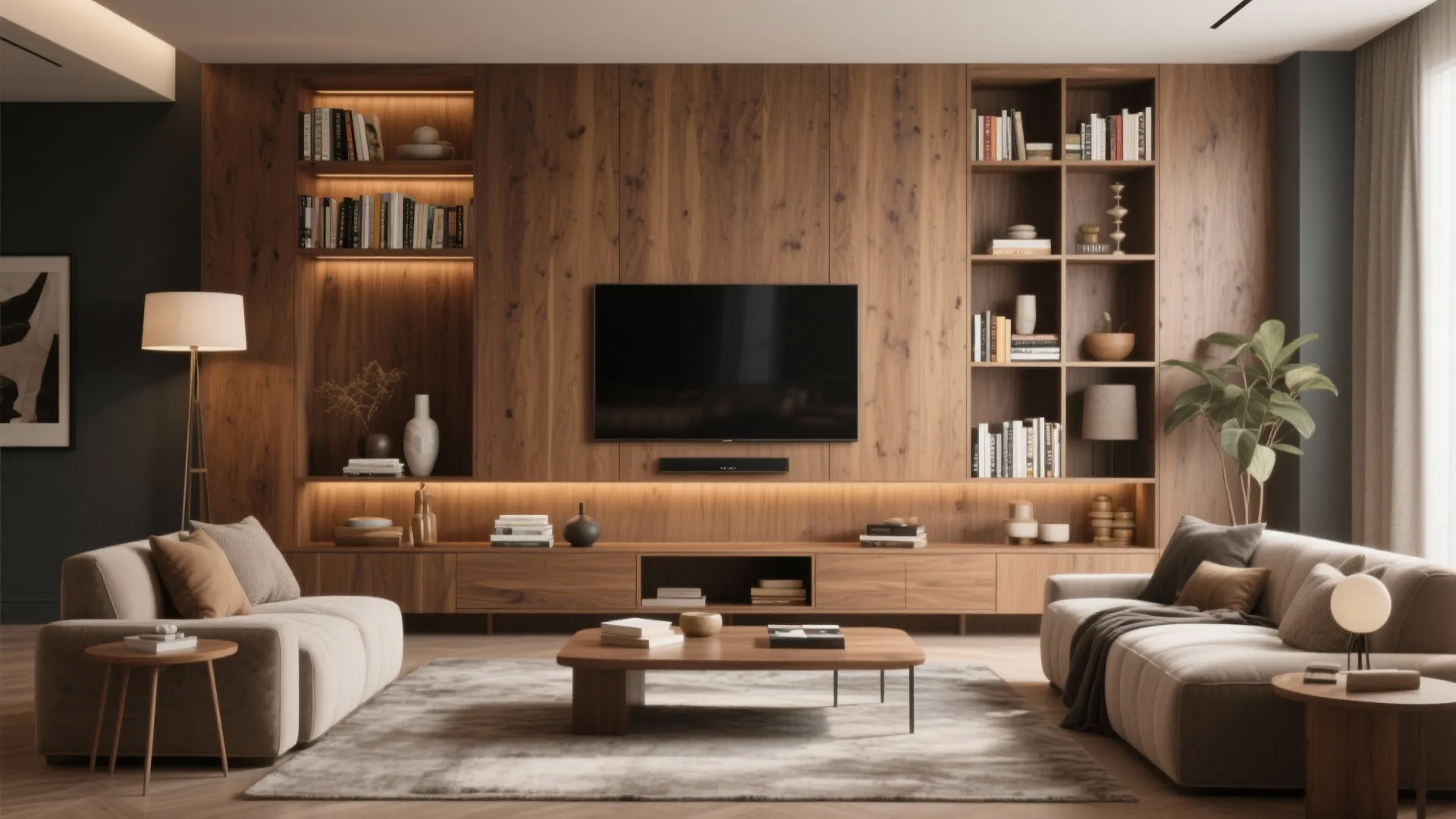 Modern living room featuring large wooden wall cabinet with television and books near beige sofa