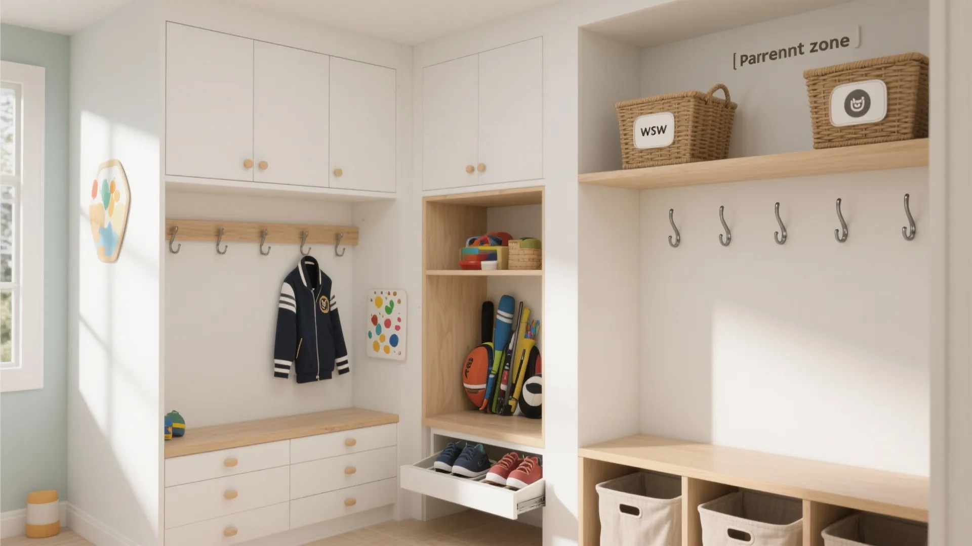 White mudroom cabinets featuring wooden bench with coat hooks hanging jacket and organized woven baskets