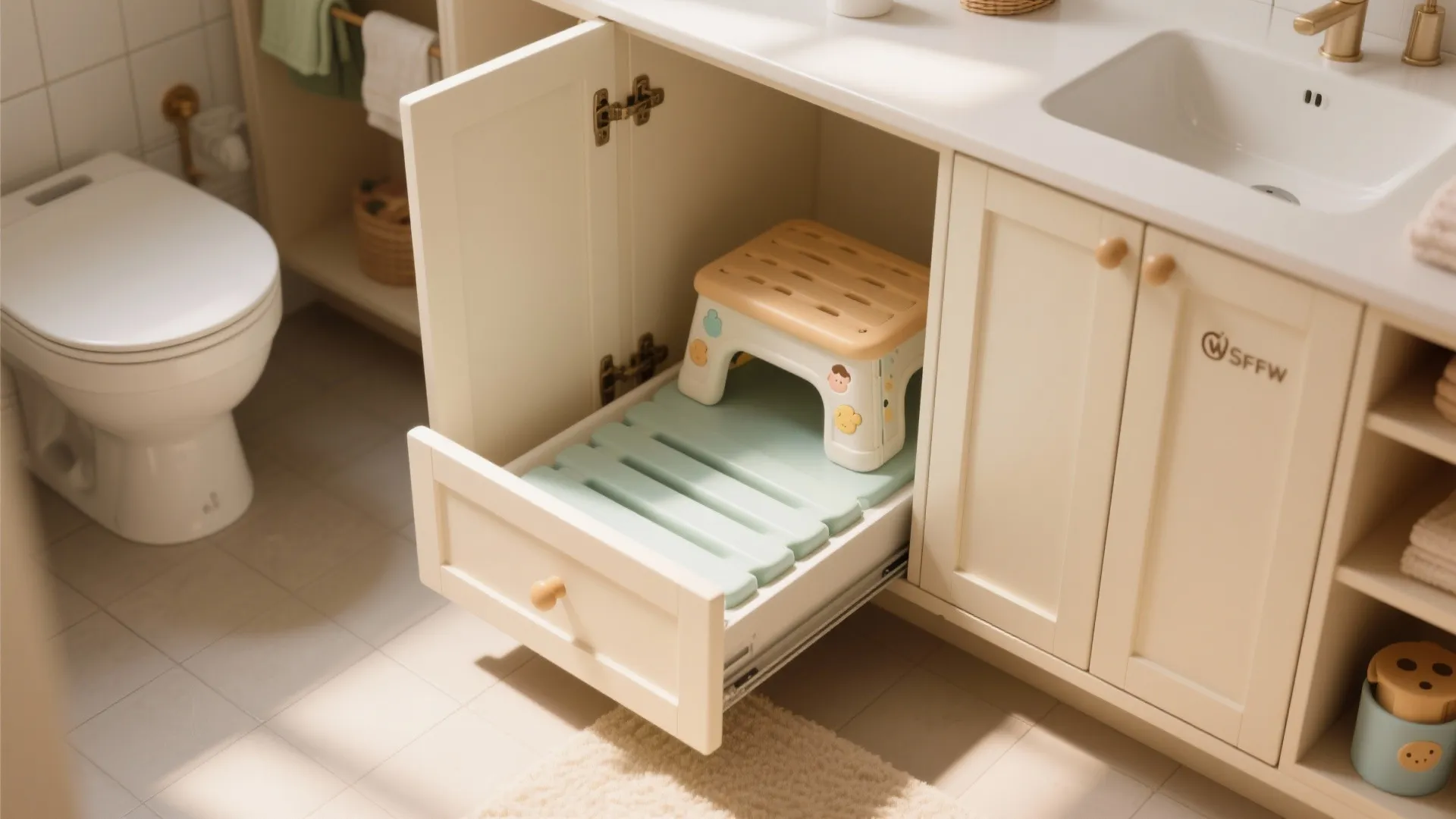 Modern bathroom cabinet with open drawer storing small plastic footrest and folded green floor mat