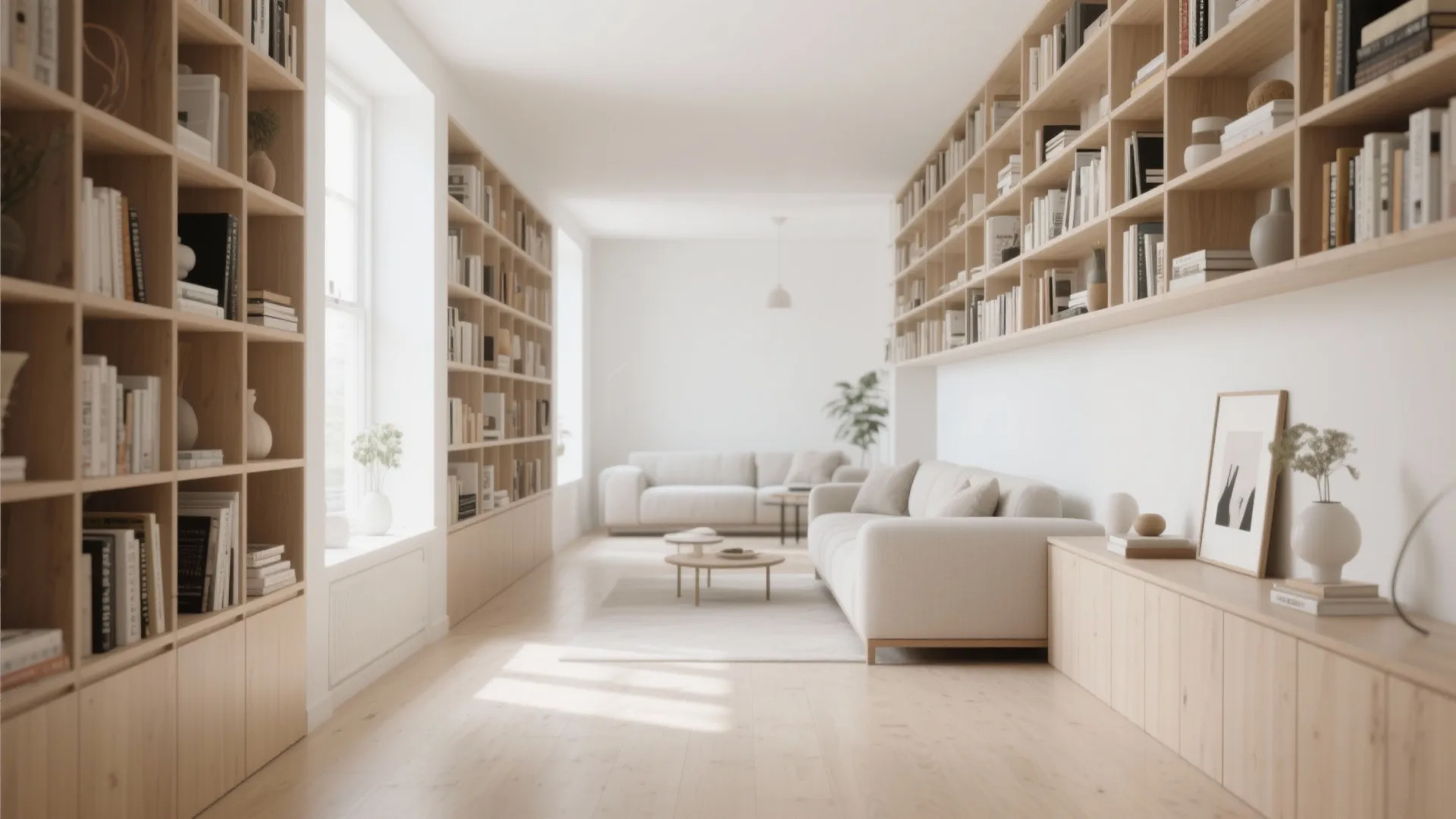 Bright living room featuring extensive wood bookshelves integrated with white walls and a large sofa