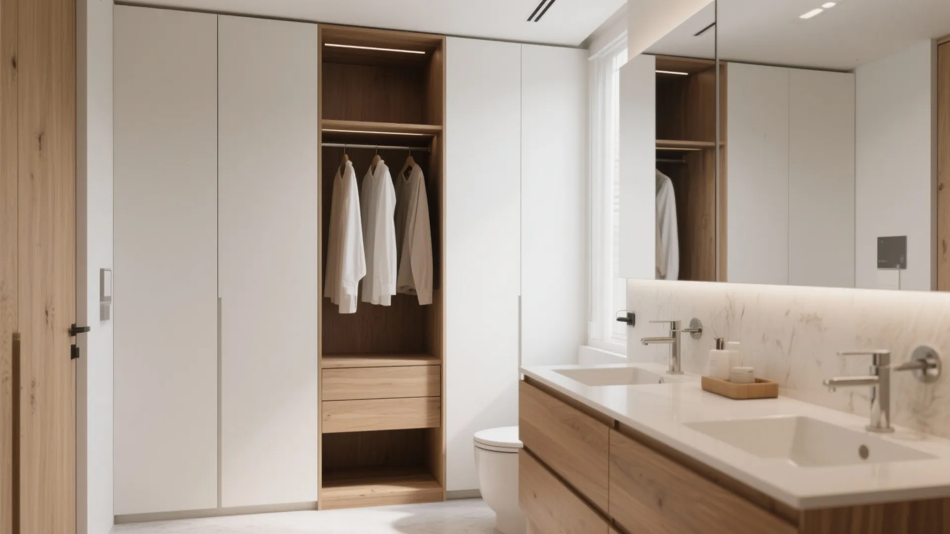 Modern bathroom with white cabinets and wooden closet showing hanging shirts and a double sink