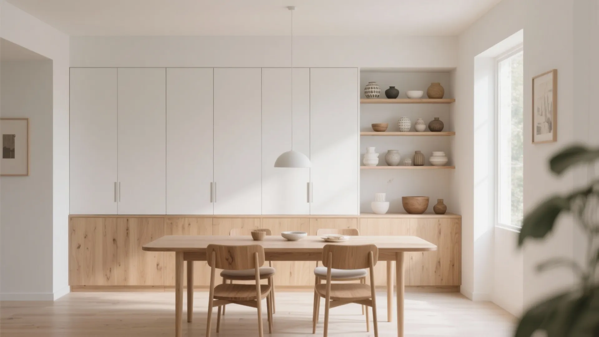 Modern dining area with white cabinets wooden table four chairs ceiling light and shelving with vases