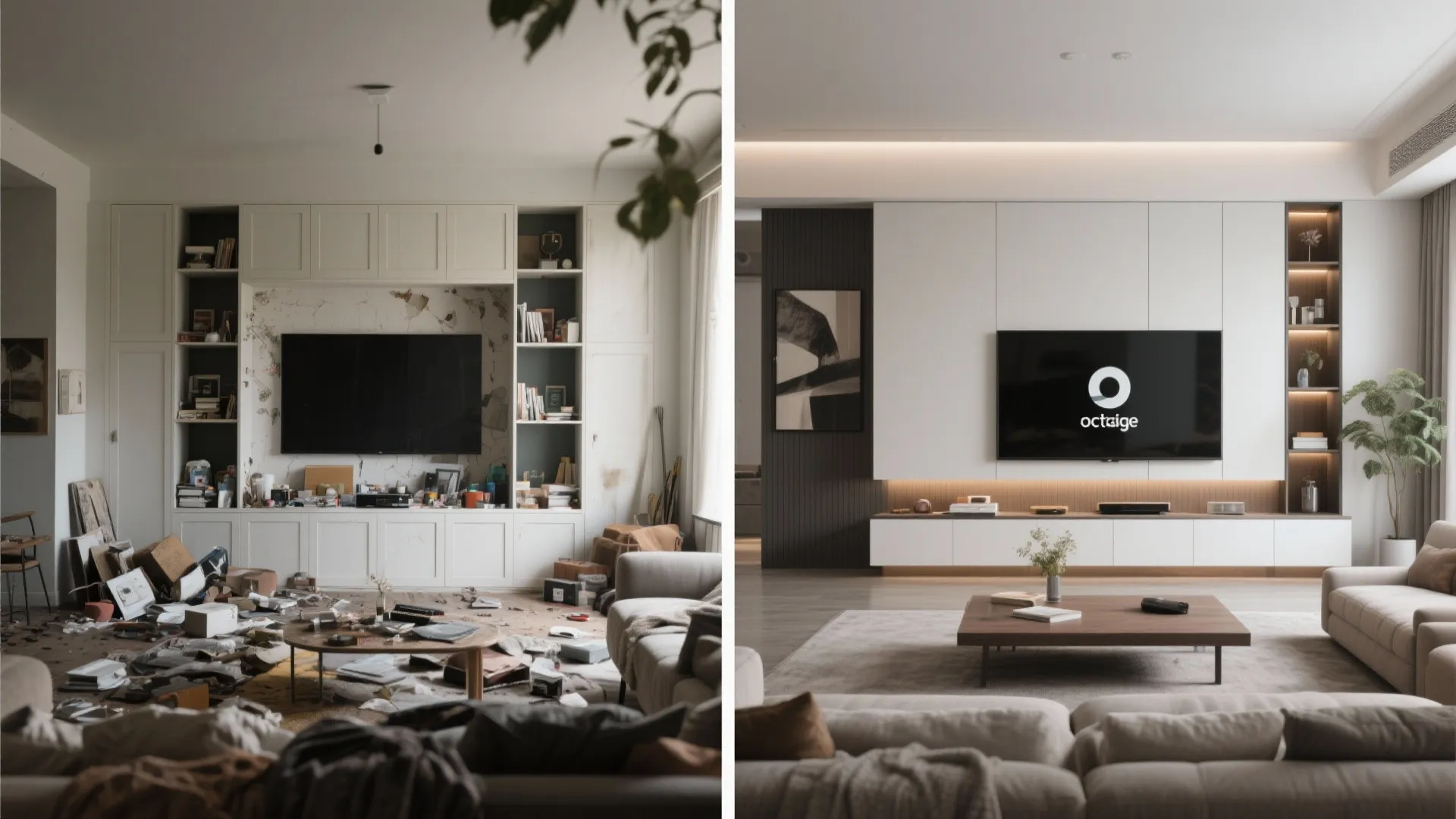 Living room before-after comparison with built-in storage