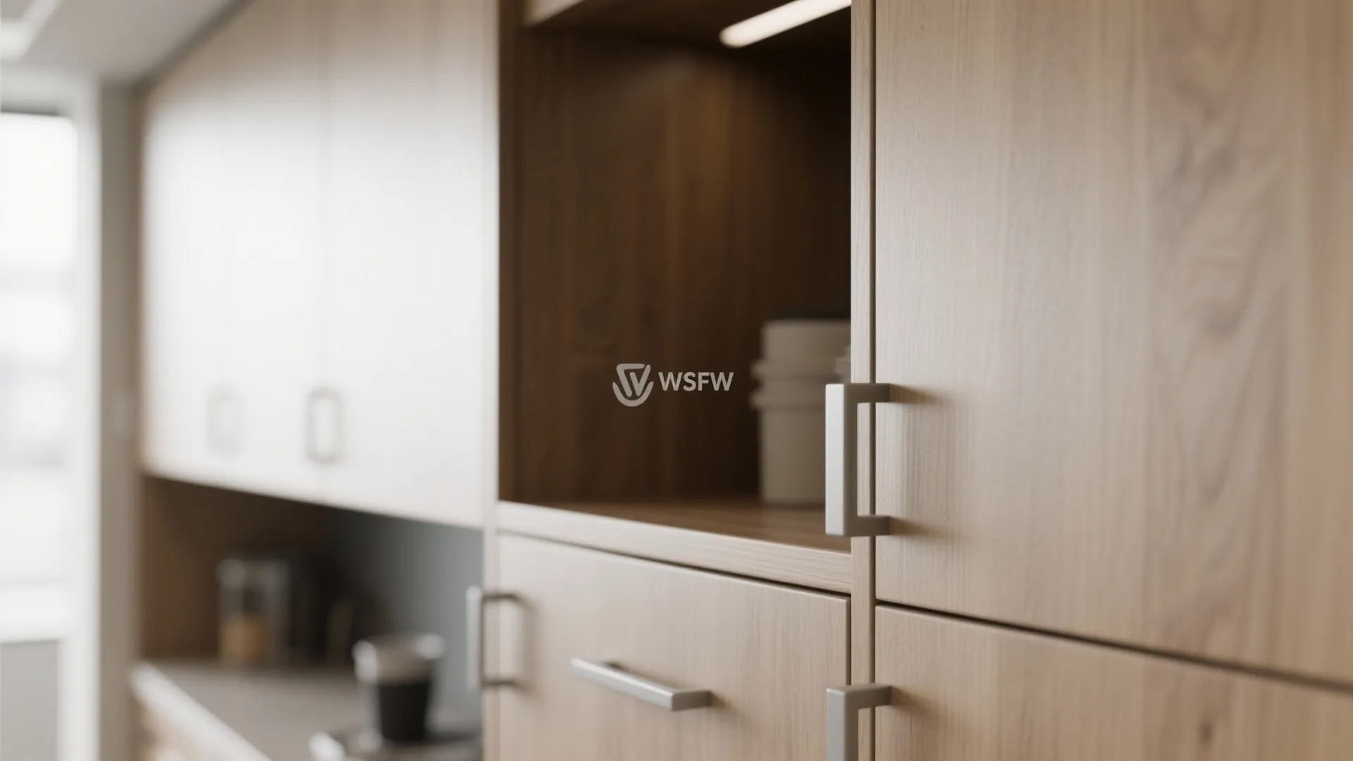 Close up of a light wooden storage cabinet with metal handles and an open display shelf