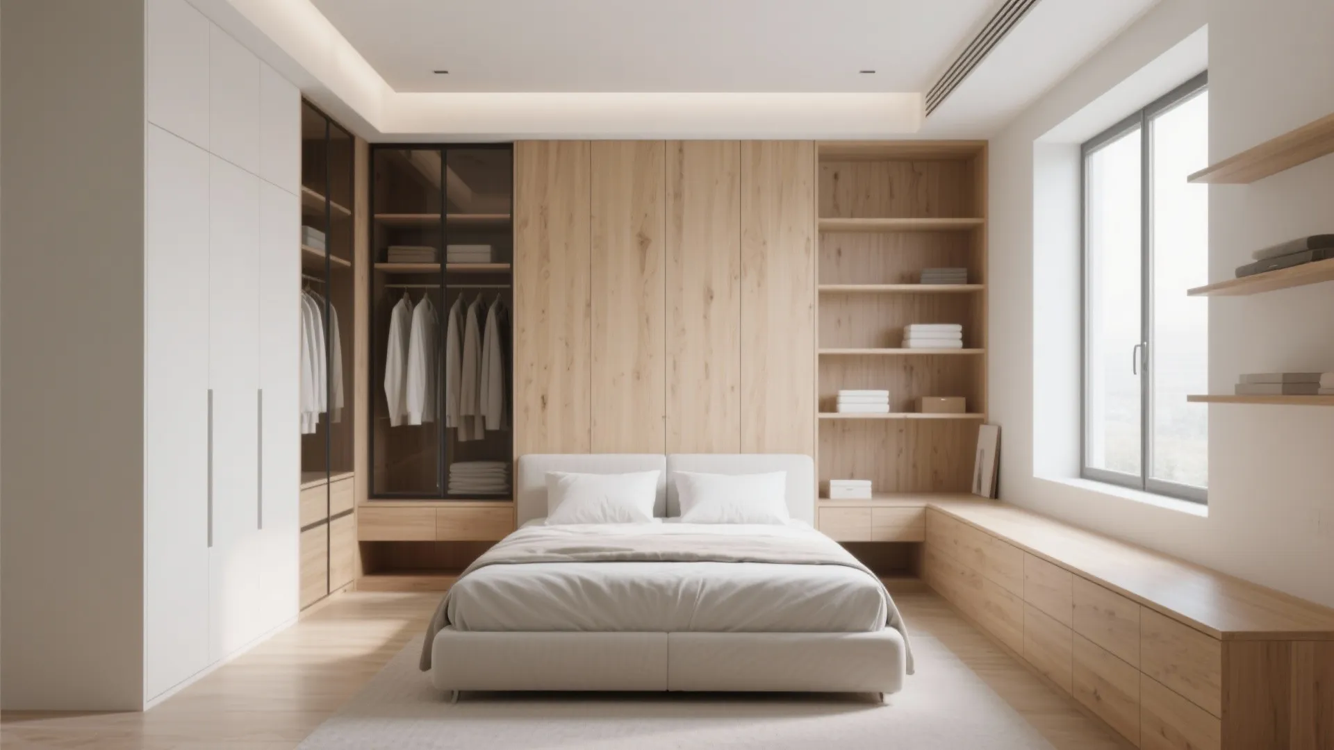 Small bedroom with built-in wardrobes and shelving maximizing storage