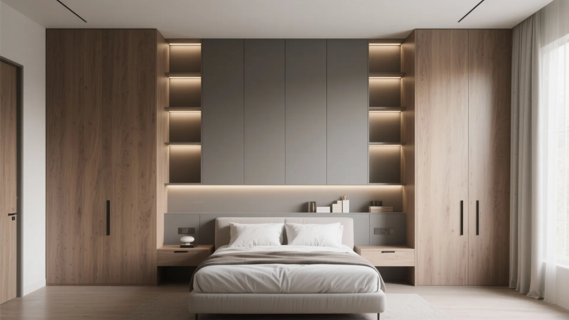 Minimalist bedroom featuring built-in wooden cabinets, grey wall panels, and warm integrated LED light fixtures