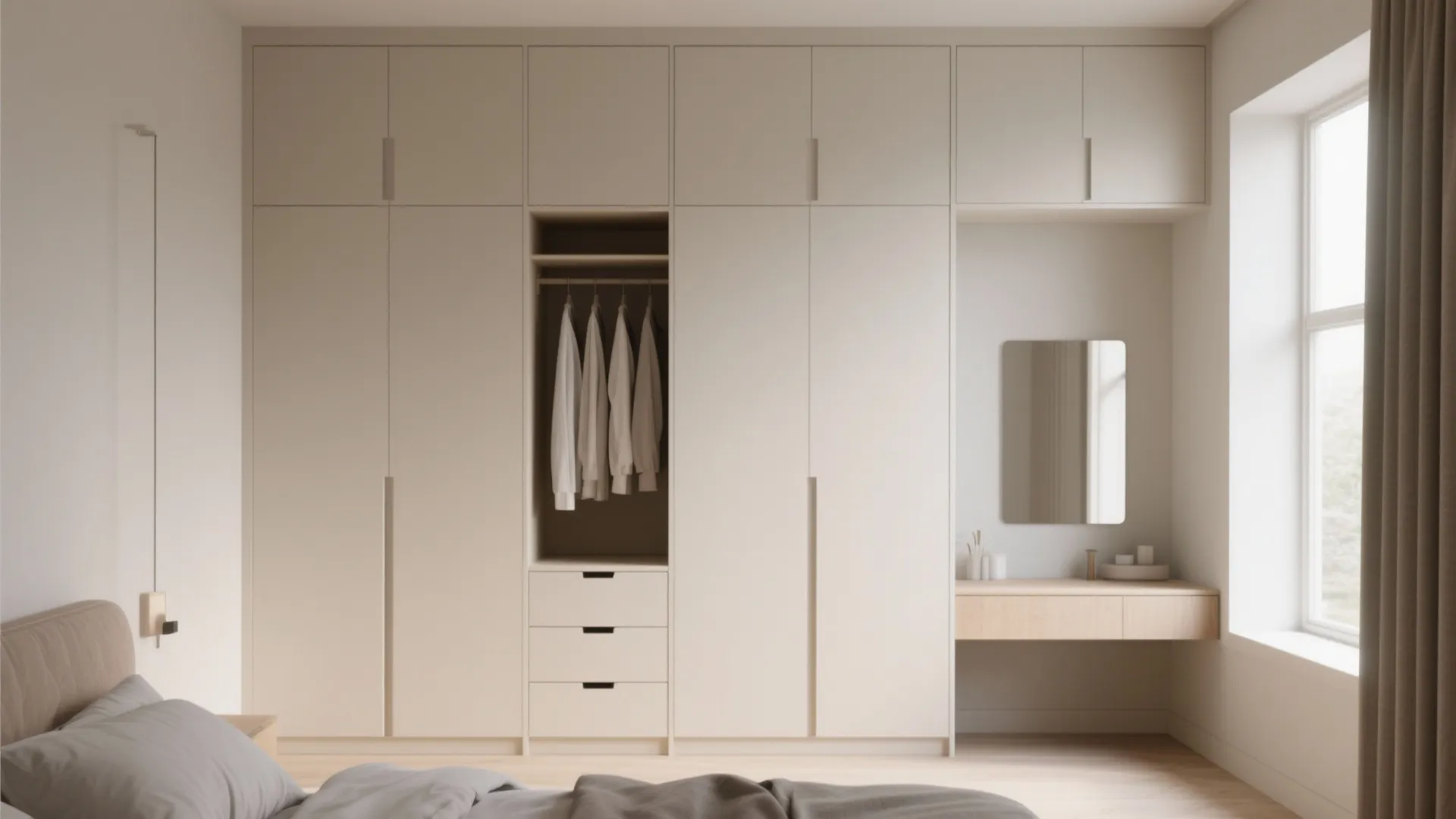 Minimalist cream bedroom with floor to ceiling wardrobe cabinets plus integrated wooden desk and wall mirror