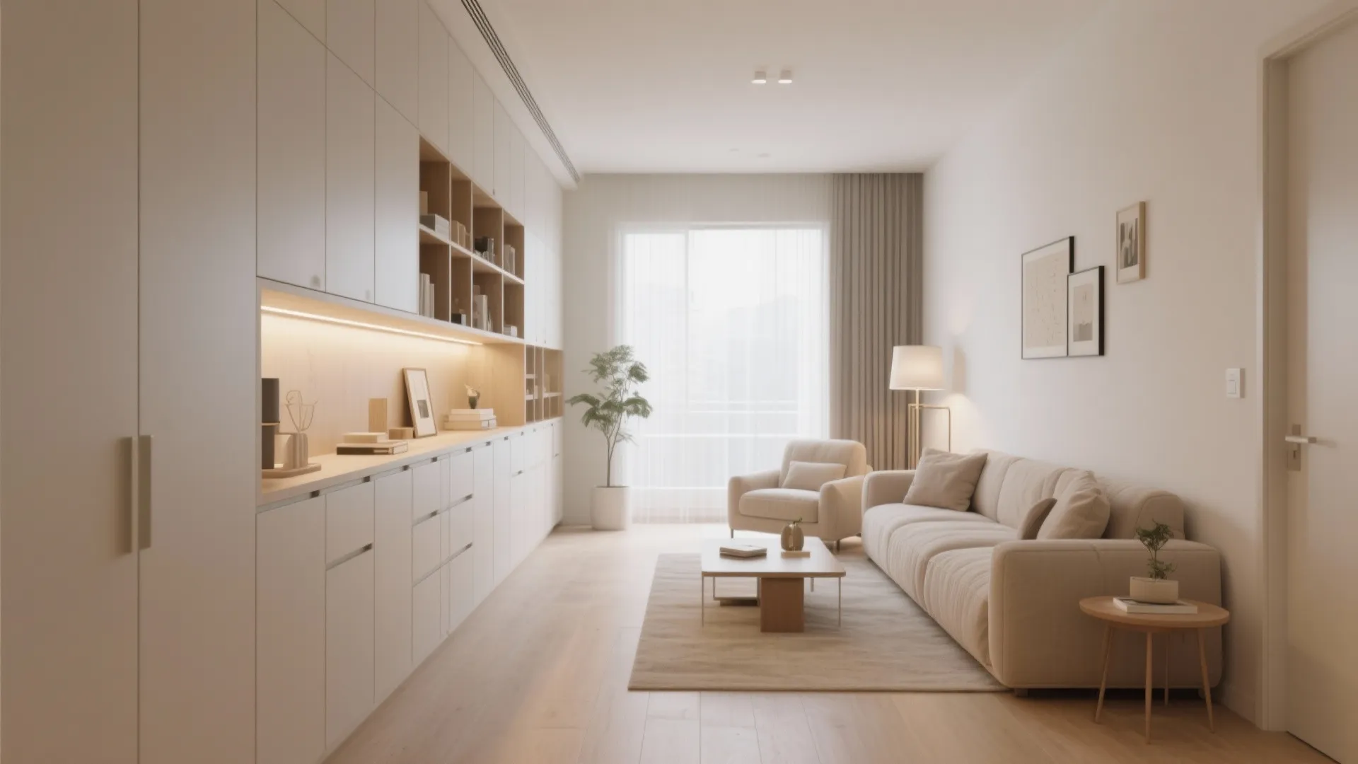 Modern living room featuring large white storage cabinet beige sofa armchair wooden floor and window light