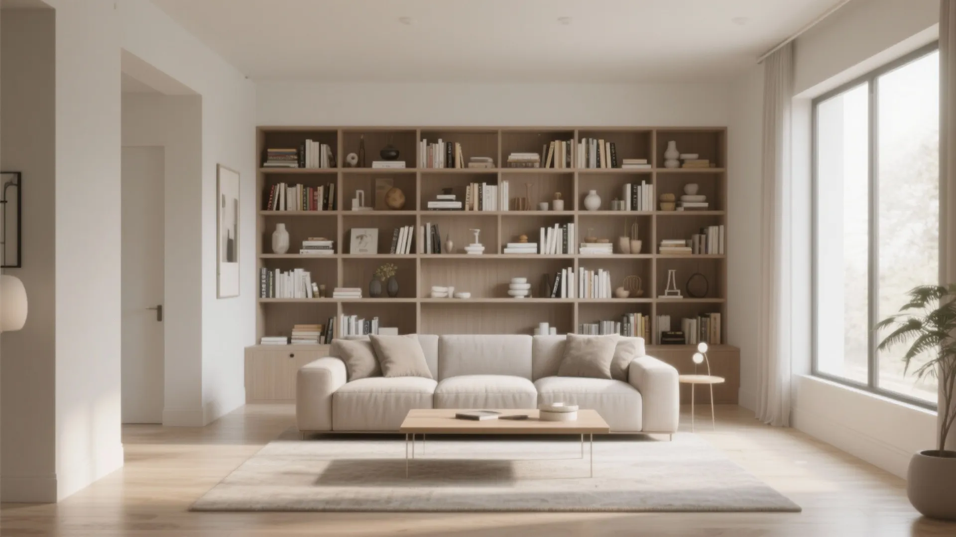 Bright living room with large wall bookshelf behind sofa wooden coffee table and natural light