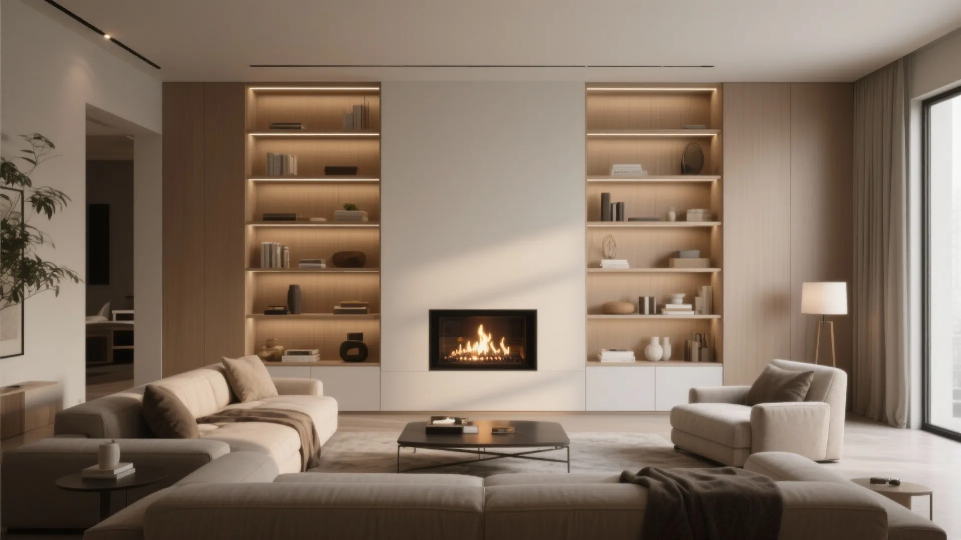 Modern living room featuring cream sofa and wall shelves with books flanking a cozy fireplace