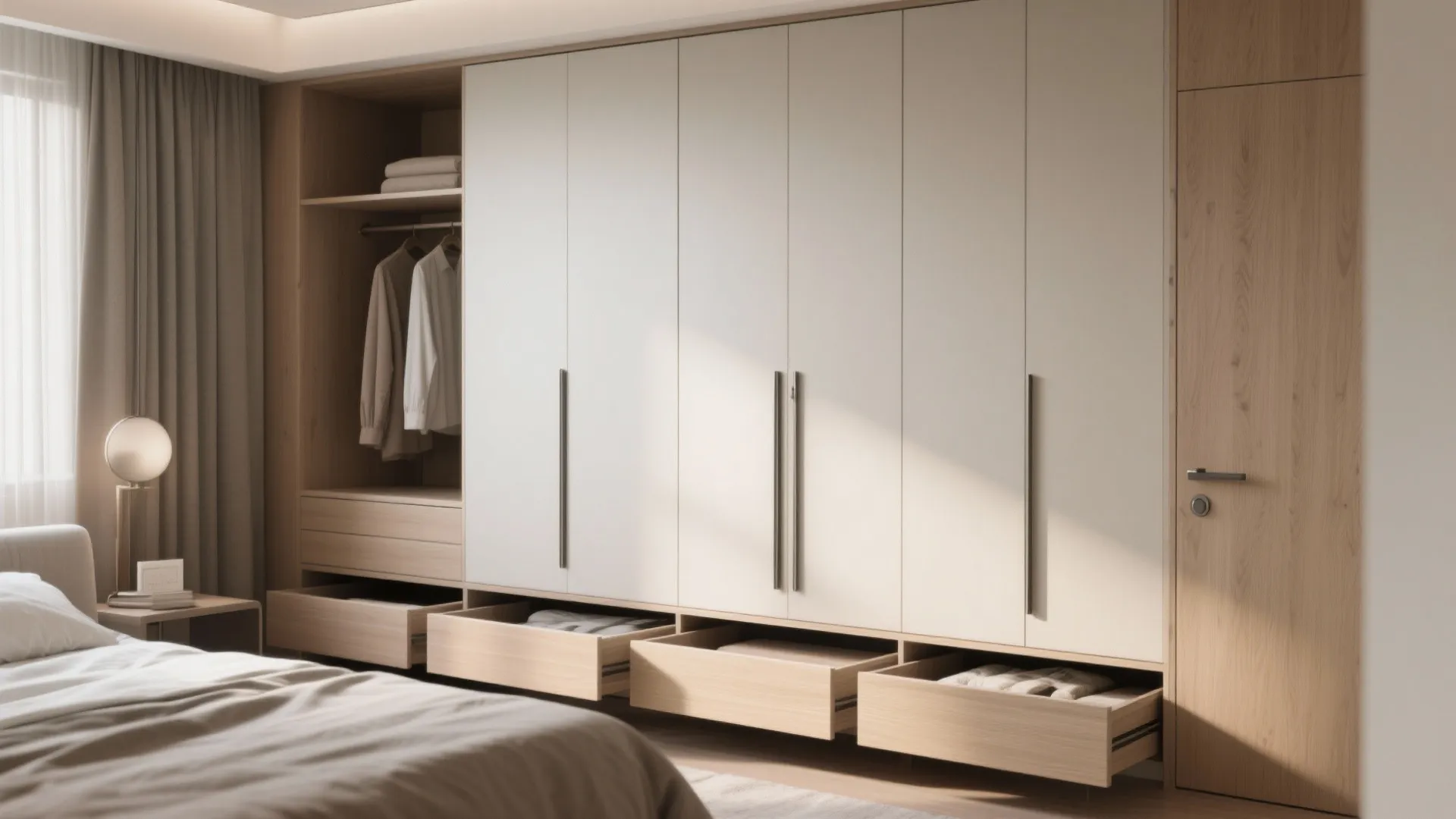 Modern bedroom with light wood built in wardrobe including open shelves and bottom storage drawers