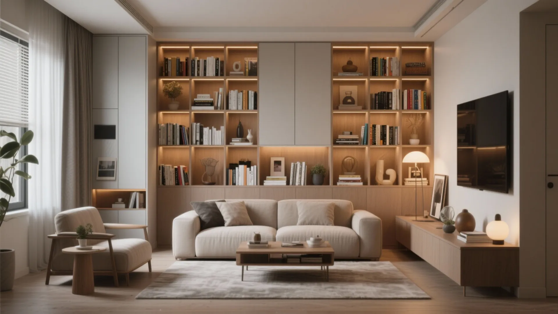 Modern living room featuring large wooden wall cabinet bookshelf behind a beige sofa and rug