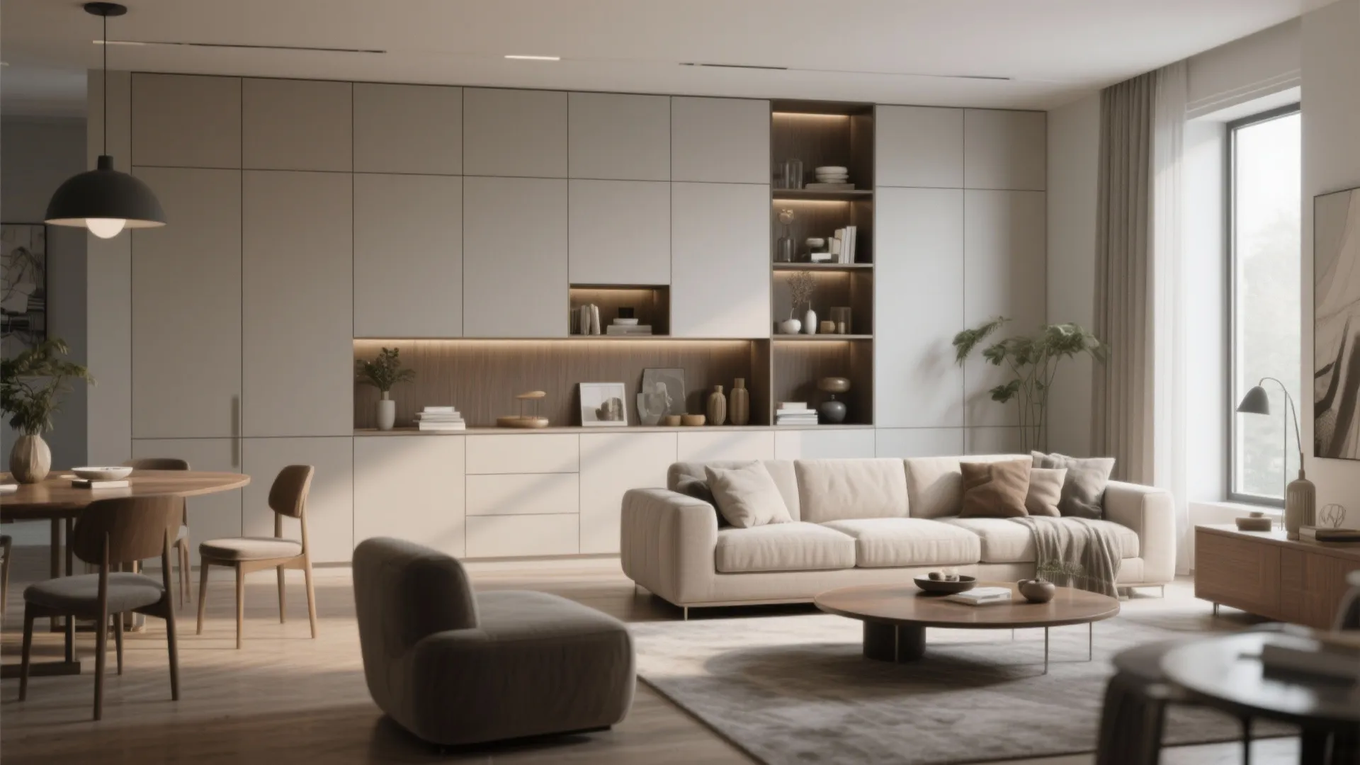 Modern living room with white wall cabinet storage shelves sofa and wooden dining table design