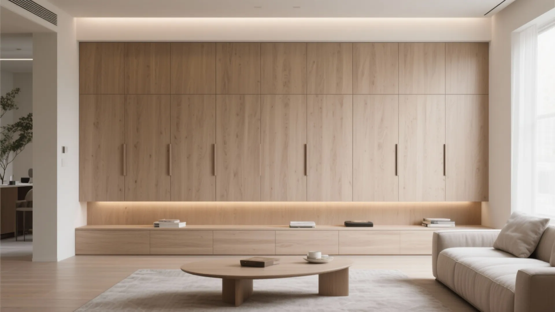 Floor-to-ceiling built-in storage along living room wall