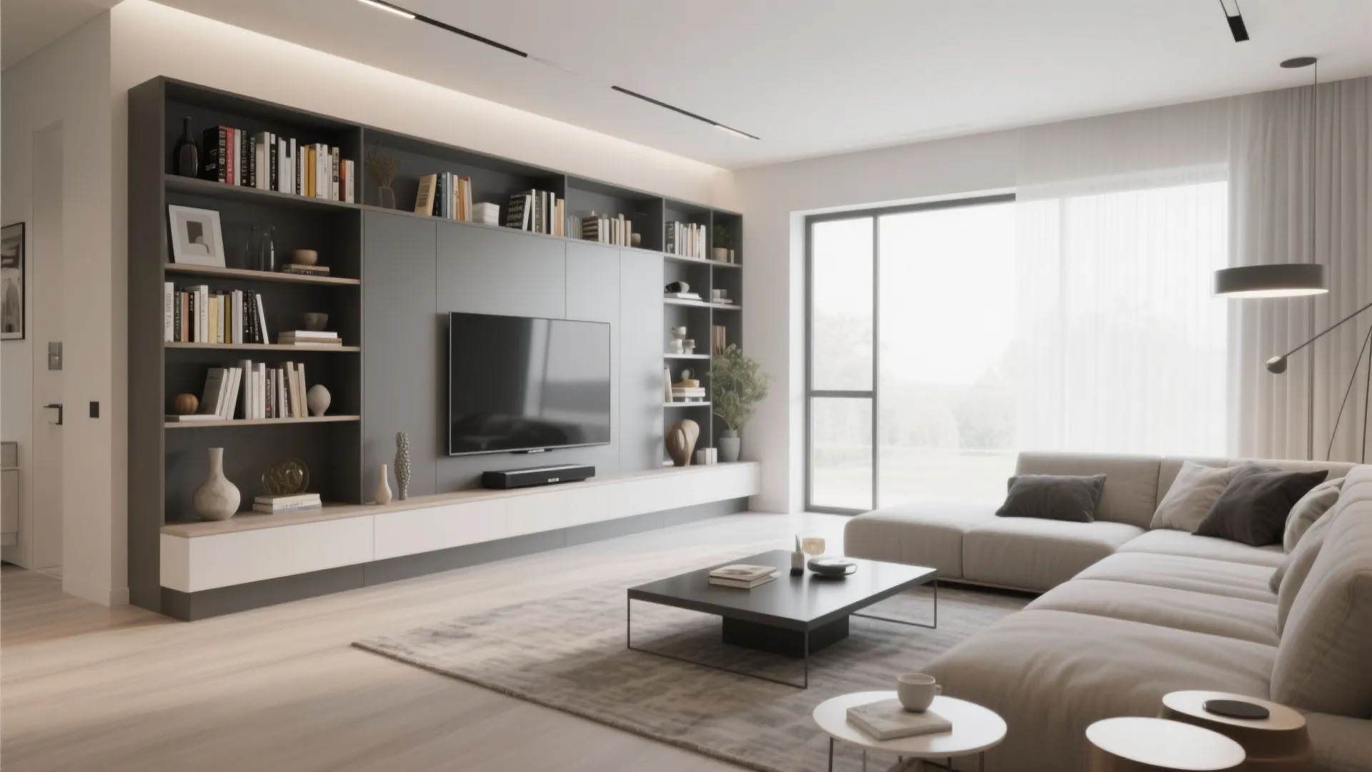 6. Built-in storage along one wall