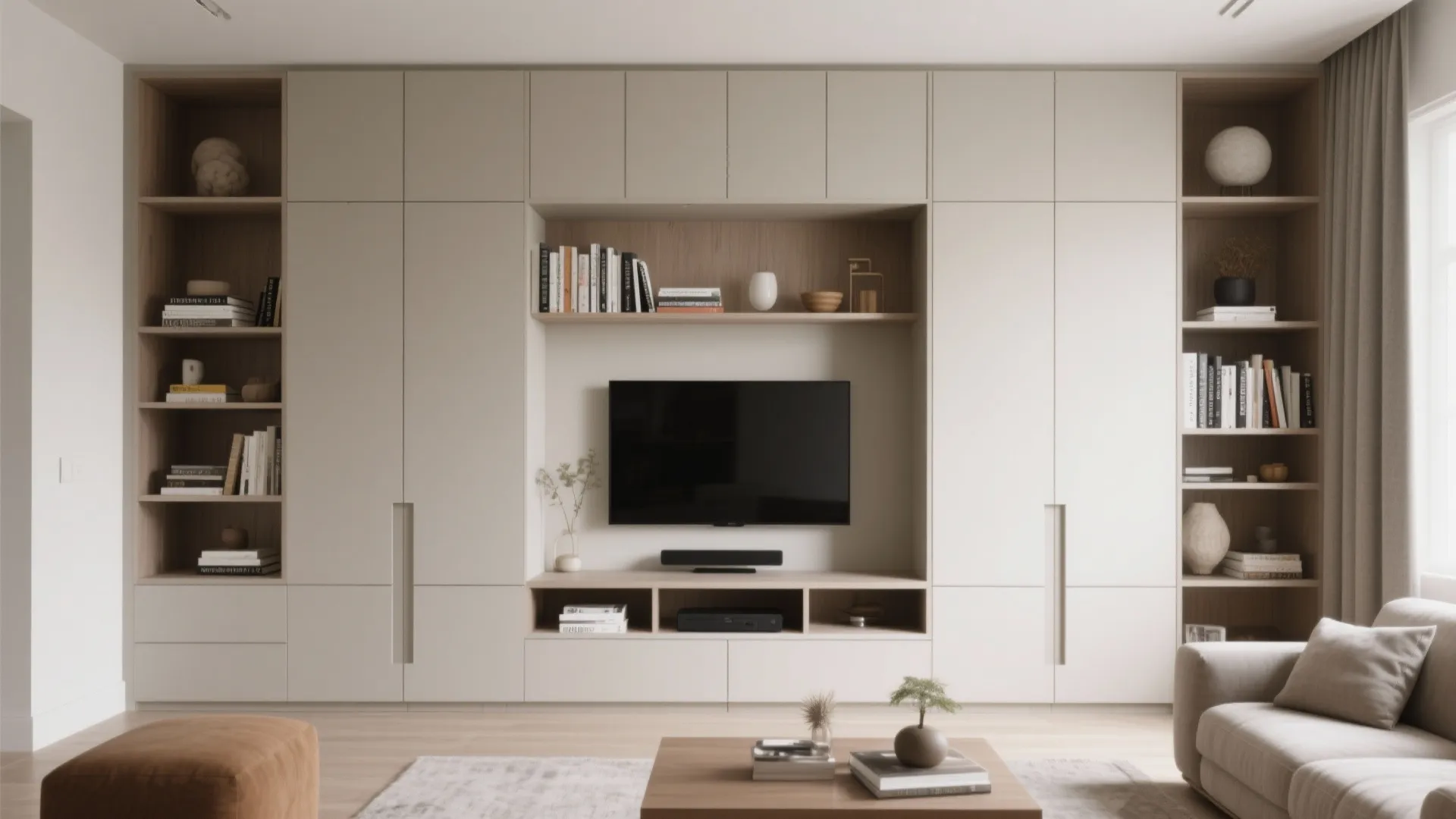 Modern living room with large beige wall cabinet unit surrounding a television and open bookshelves
