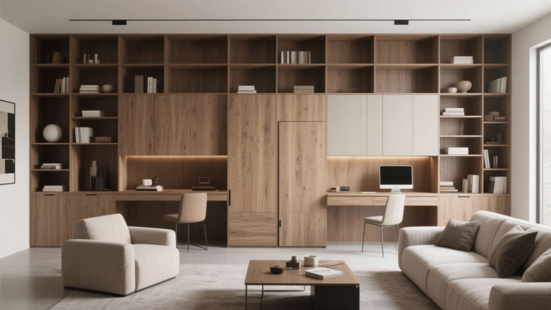 Custom wooden wall cabinet with bookshelves, integrated desks, computer monitors, beige chairs, and cozy sofa