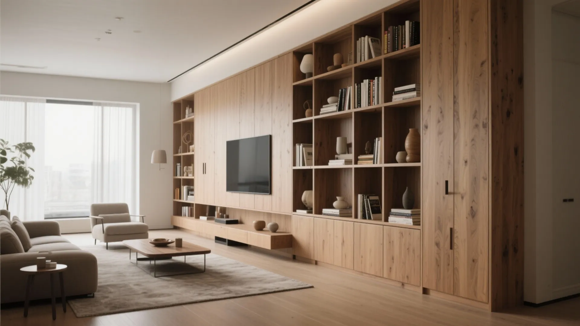 Large wooden wall cabinet with integrated television bookshelf storage sofa coffee table and wooden floor