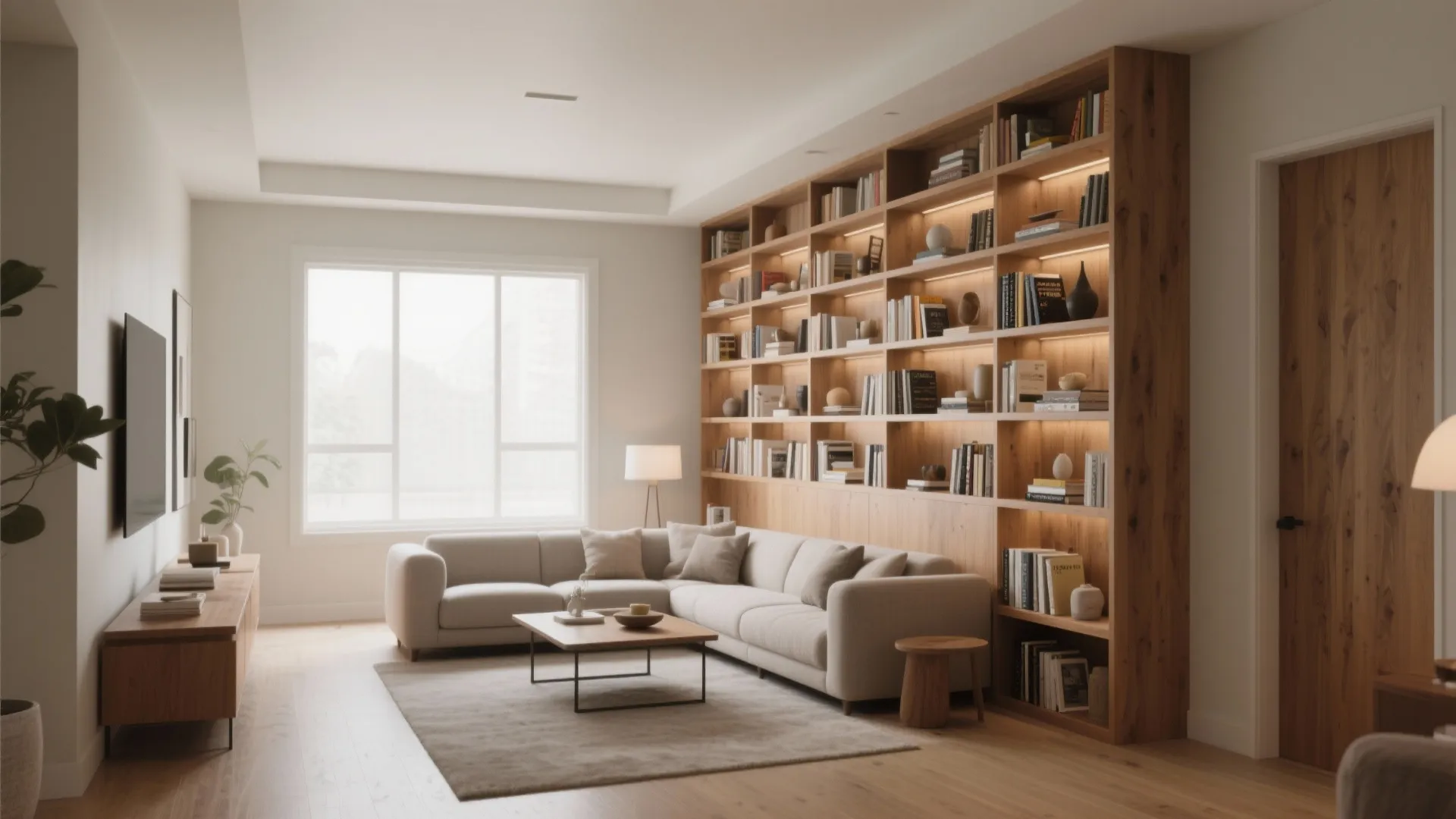 Modern living room featuring a large wooden wall cabinet with books and a beige sofa