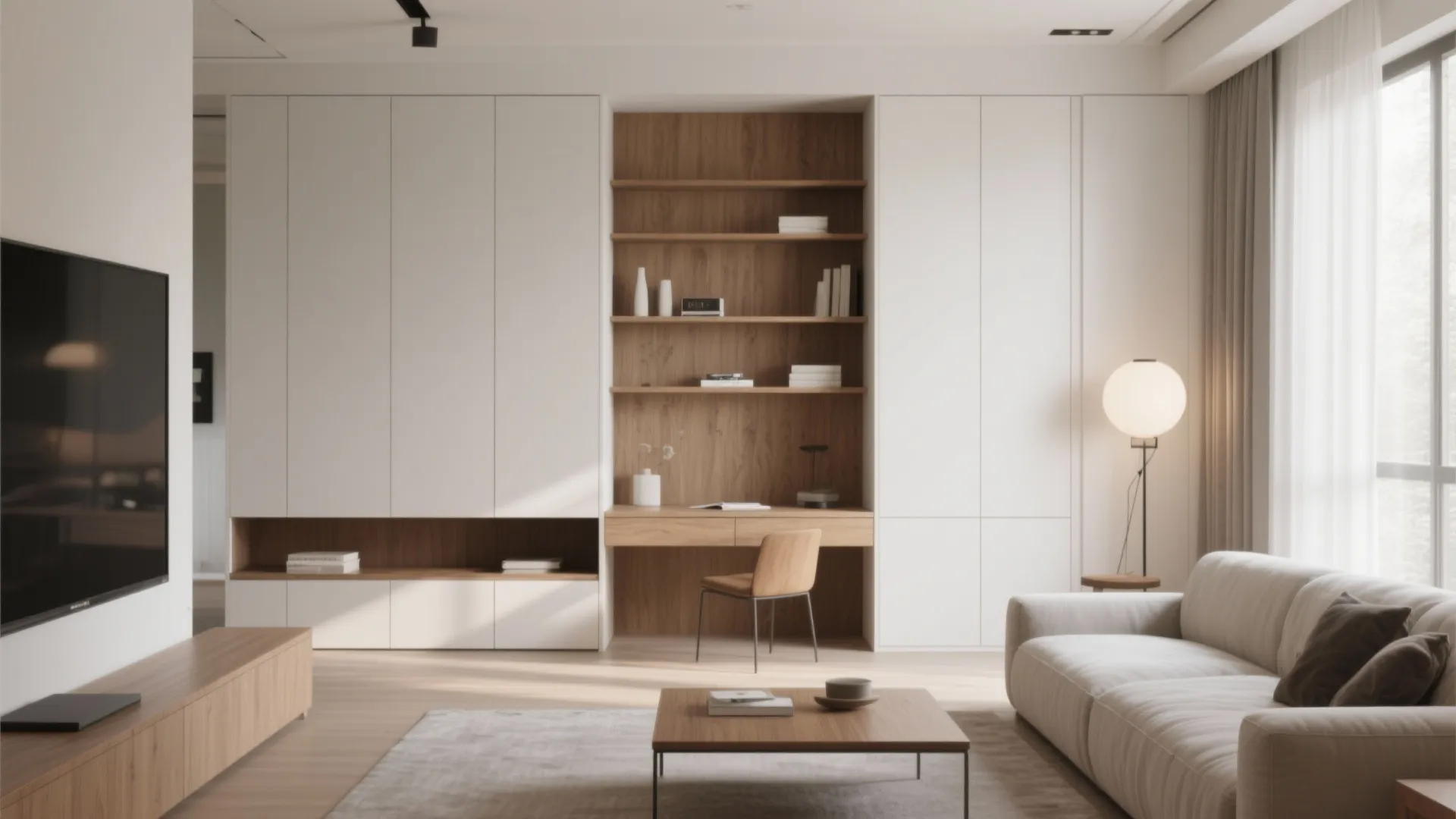 White wall cabinet system with integrated wood desk and open shelves in a modern room